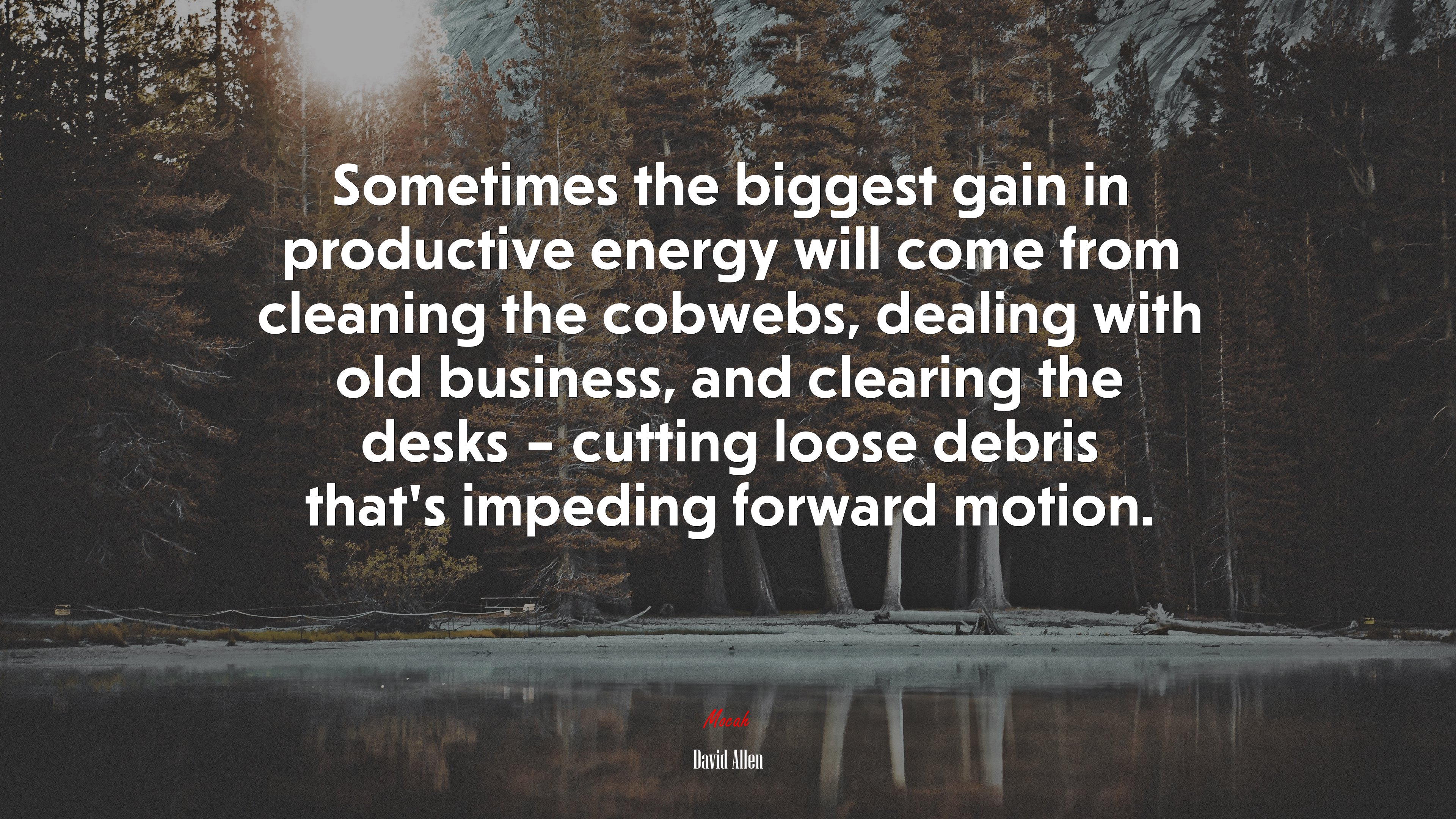 Sometimes the biggest gain in productive energy will come from cleaning the cobwebs, dealing with old business, and clearing the desks – cutting loose debris that’s impeding forward motion. | David Allen quote HD Wallpaper