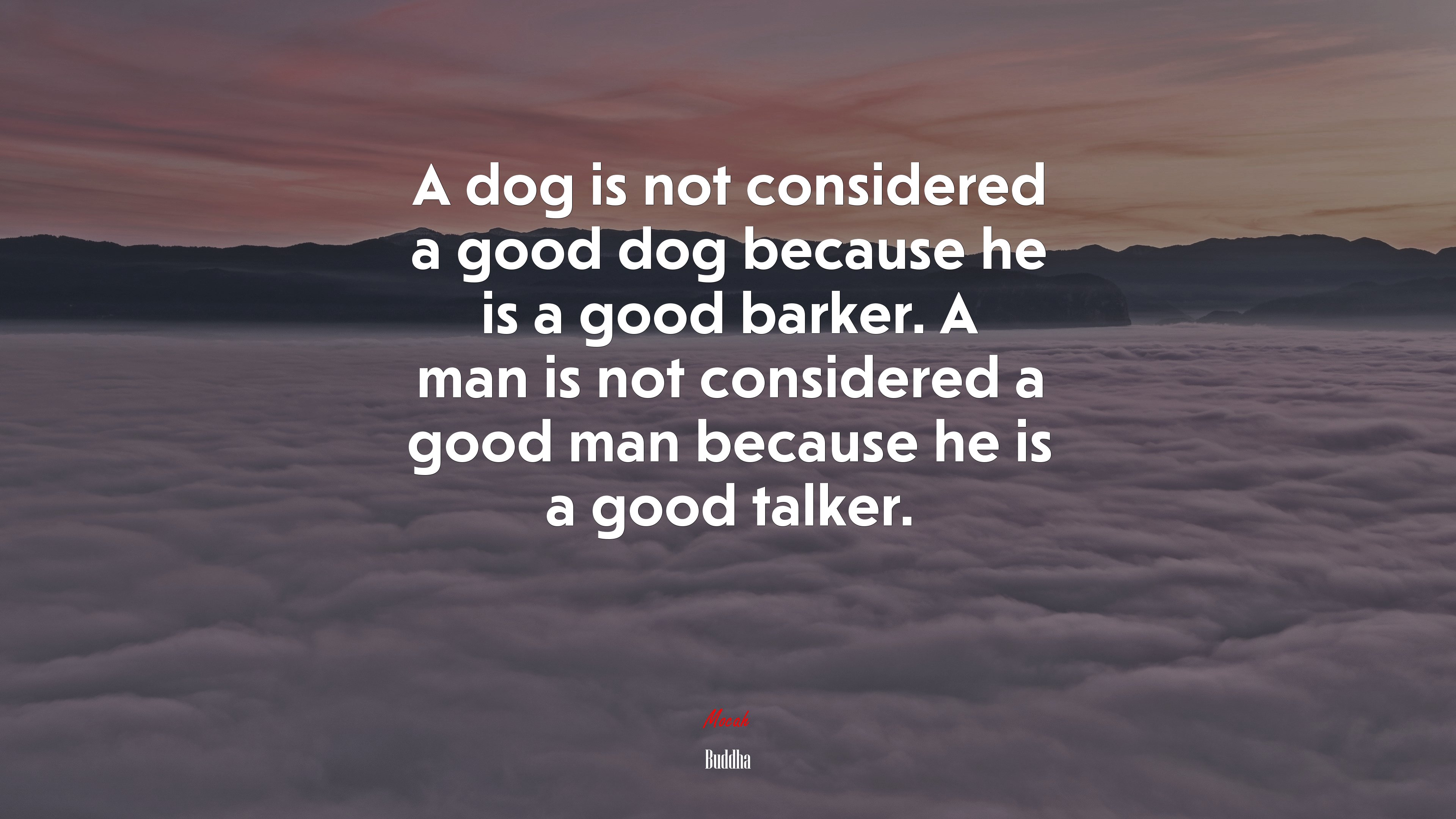 A dog is not considered a good dog because he is a good barker. A man is not considered a good man because he is a good talker. | Buddha quote HD Wallpaper