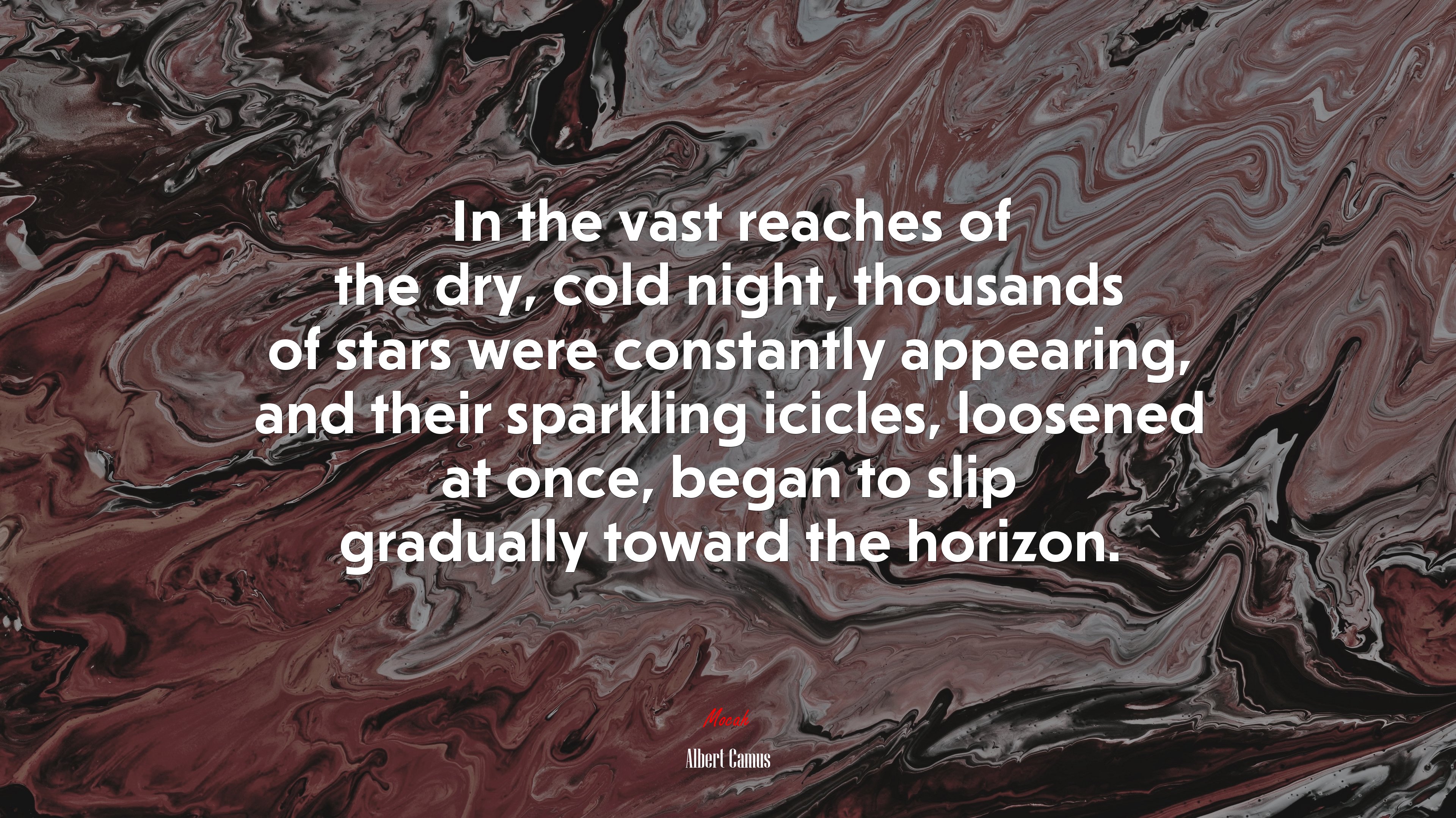 In the vast reaches of the dry, cold night, thousands of stars were constantly appearing, and their sparkling icicles, loosened at once, began to slip gradually toward the horizon. | Albert Camus quote HD Wallpaper