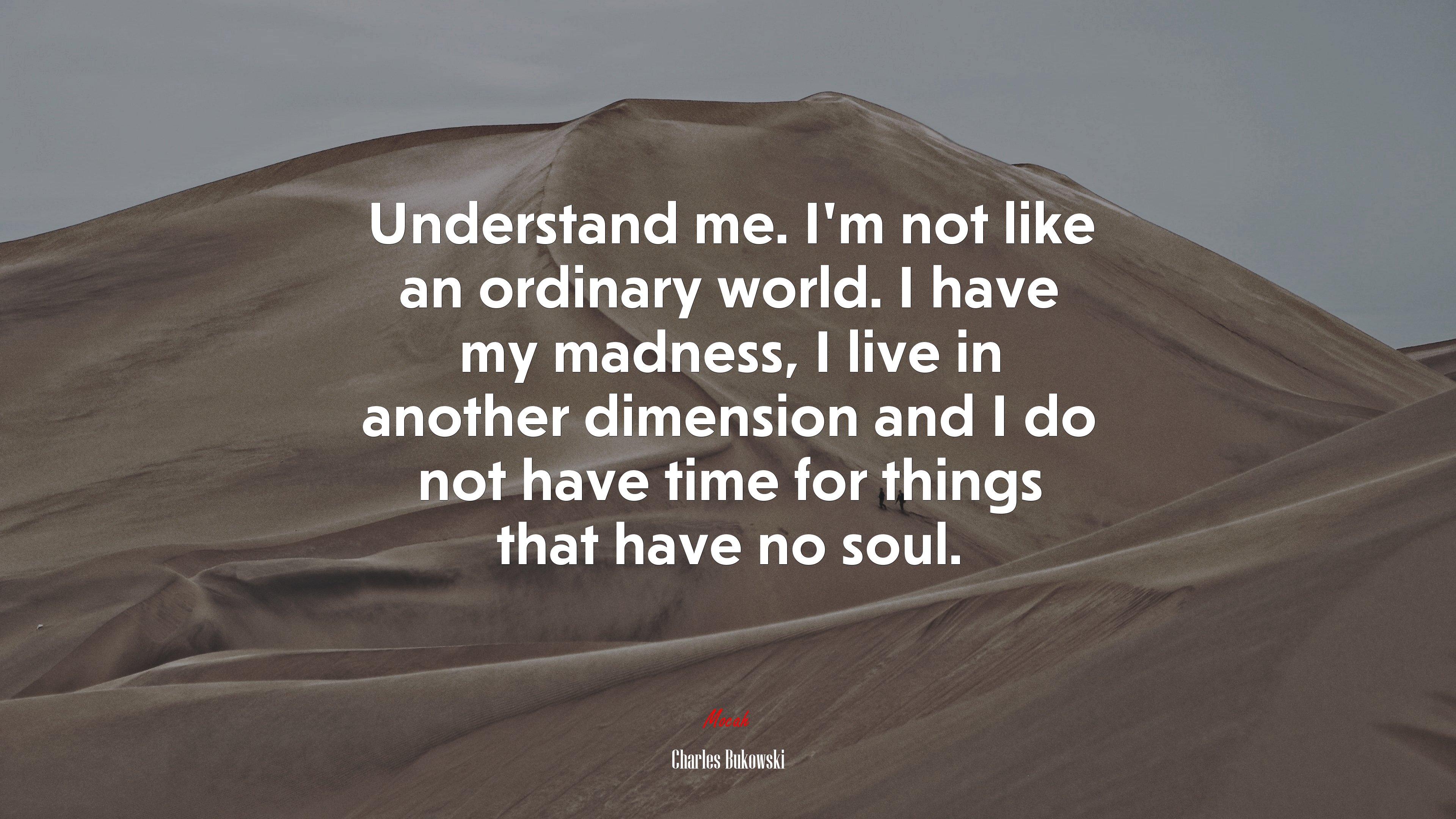 Understand me. I’m not like an ordinary world. I have my madness, I live in another dimension and I do not have time for things that have no soul. | Charles Bukowski quote HD Wallpaper