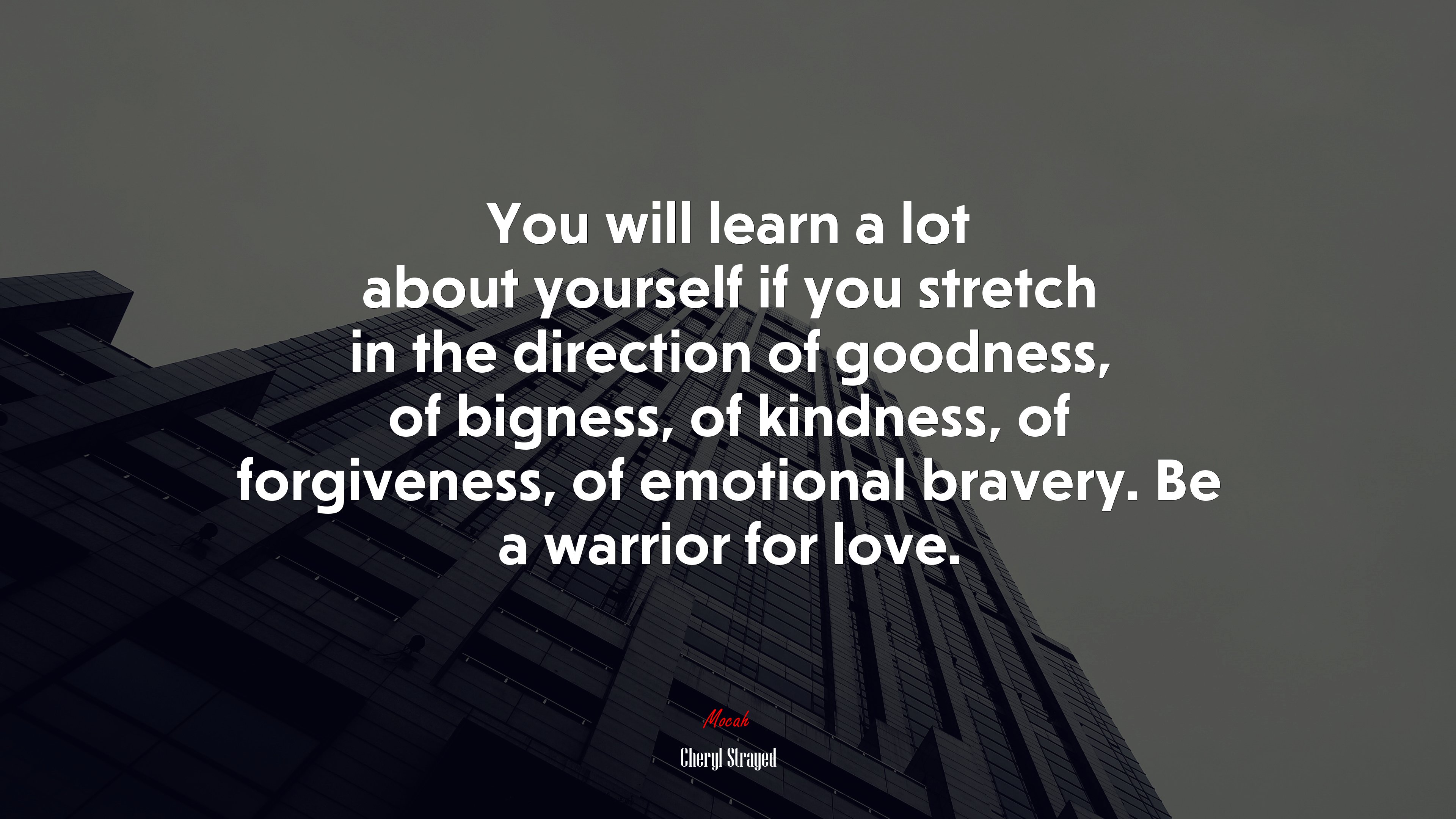 You will learn a lot about yourself if you stretch in the direction of goodness, of bigness, of kindness, of forgiveness, of emotional bravery. Be a warrior for love. | Cheryl Strayed quote HD Wallpaper