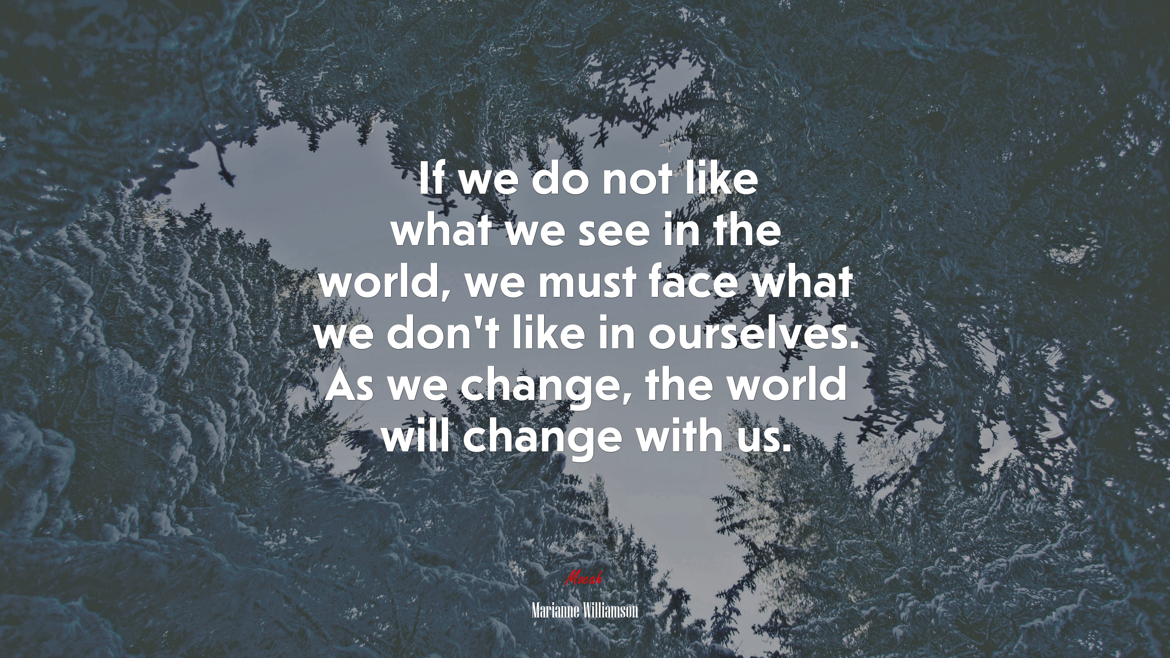 If we do not like what we see in the world, we must face what we don’t like in ourselves. As we change, the world will change with us. | Marianne Williamson quote HD Wallpaper