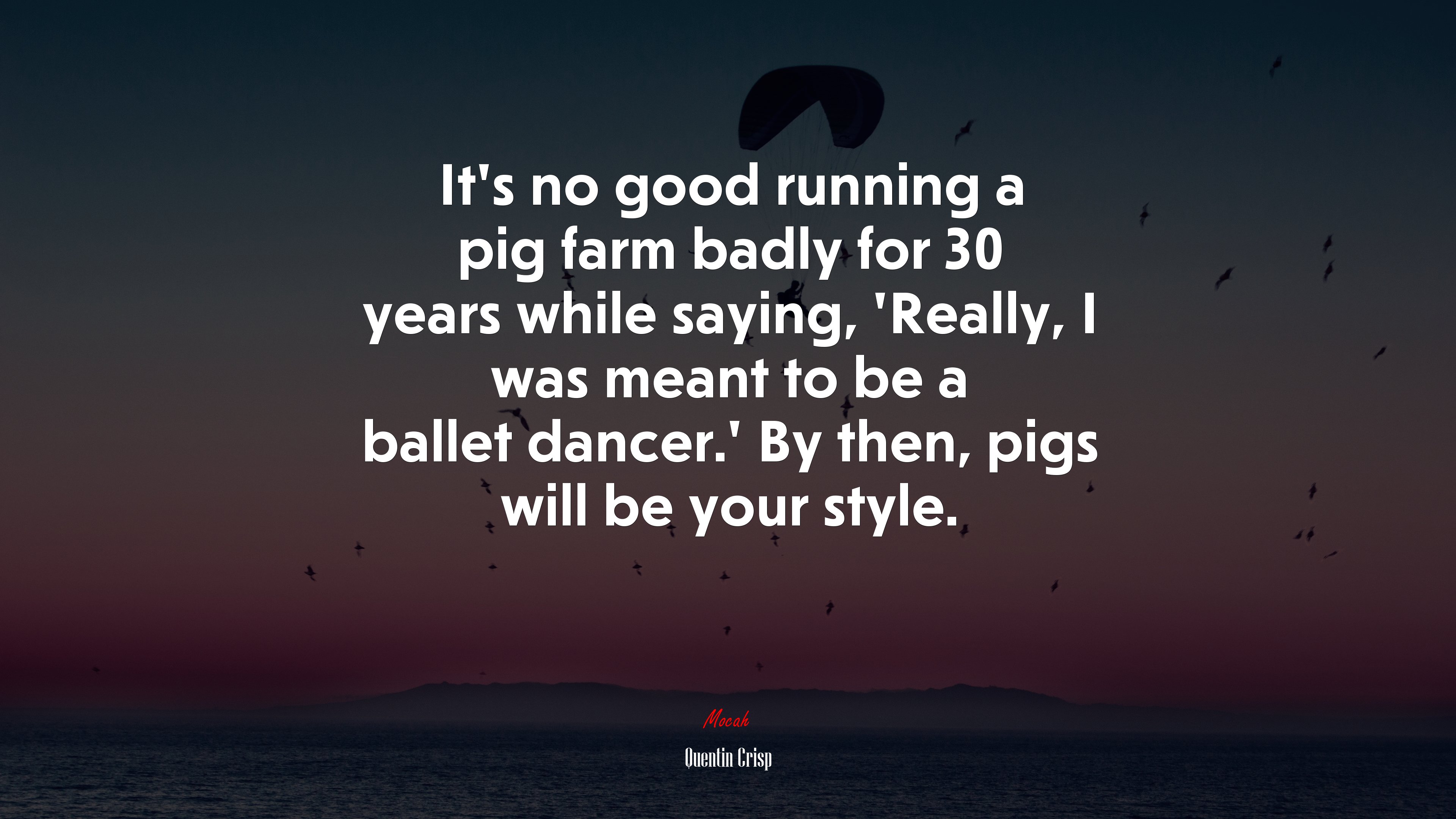 It’s no good running a pig farm badly for 30 years while saying, ‘Really, I was meant to be a ballet dancer.’ By then, pigs will be your style. | Quentin Crisp quote HD Wallpaper