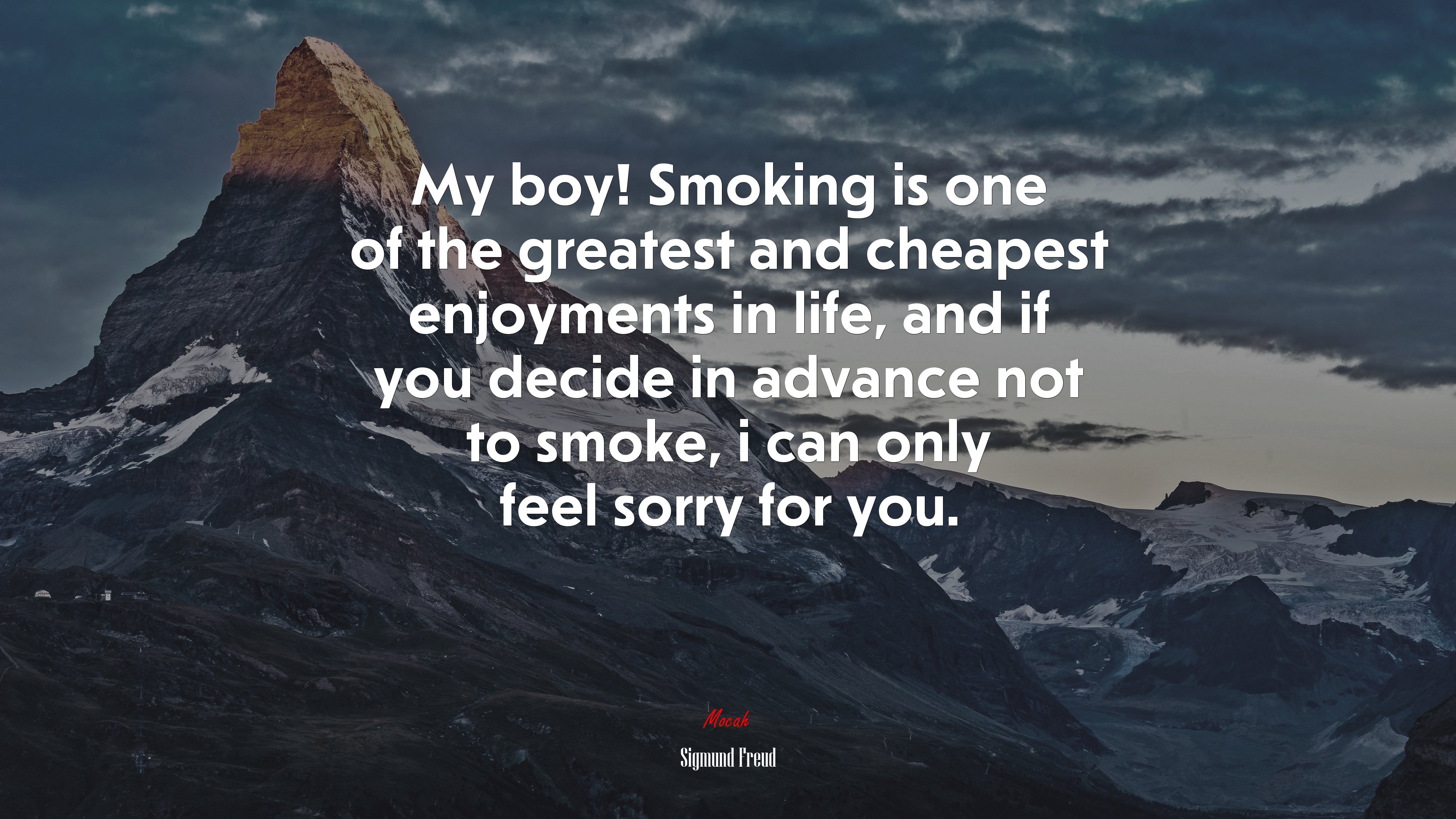 My boy! Smoking is one of the greatest and cheapest enjoyments in life, and if you decide in advance not to smoke, i can only feel sorry for you. | Sigmund Freud quote HD Wallpaper