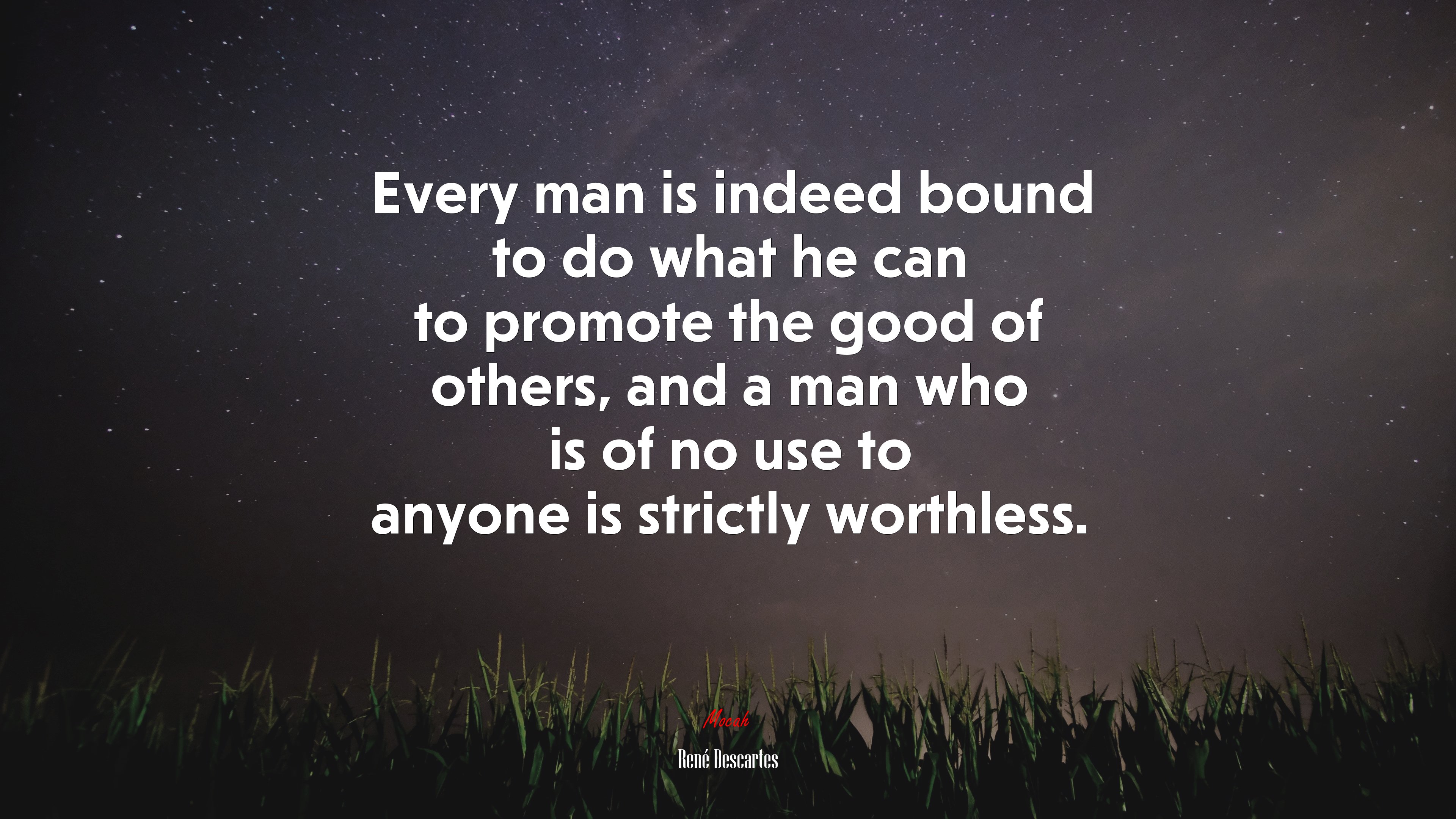 Every man is indeed bound to do what he can to promote the good of others, and a man who is of no use to anyone is strictly worthless. | René Descartes quote HD Wallpaper