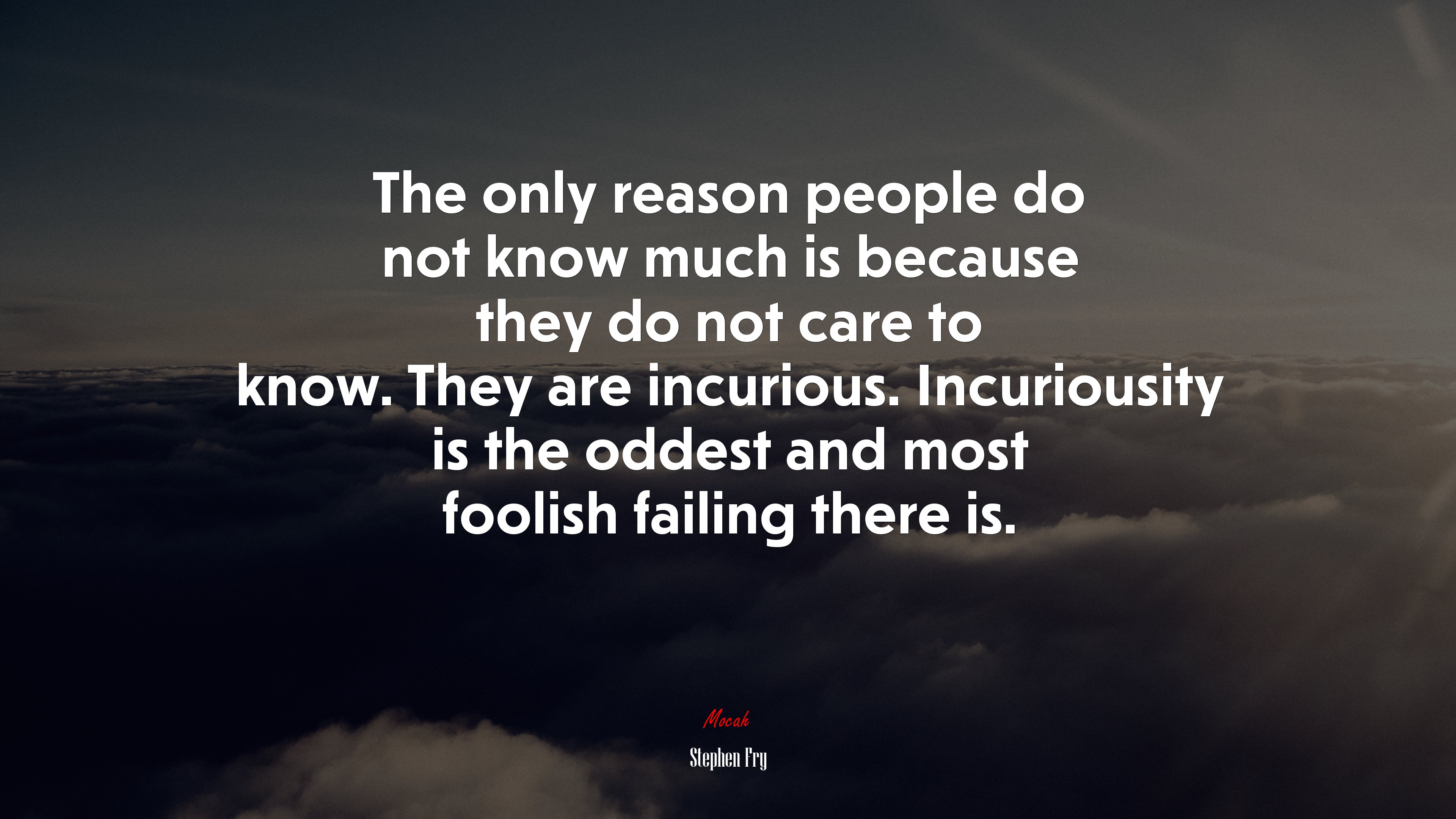 The only reason people do not know much is because they do not care to know. They are incurious. Incuriousity is the oddest and most foolish failing there is. | Stephen Fry quote HD Wallpaper