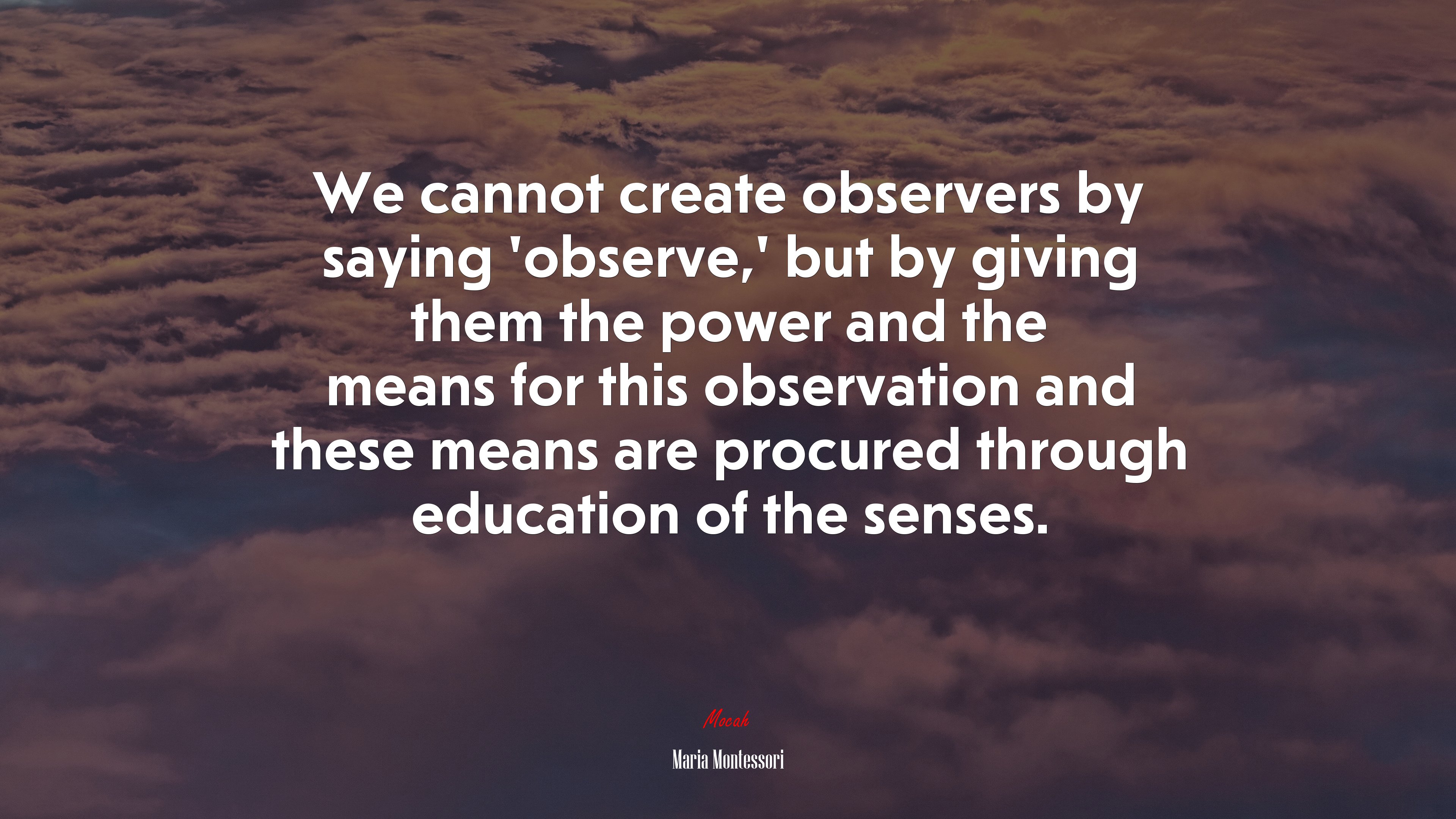 We cannot create observers by saying ‘observe,’ but by giving them the power and the means for this observation and these means are procured through education of the senses. | Maria Montessori quote HD Wallpaper