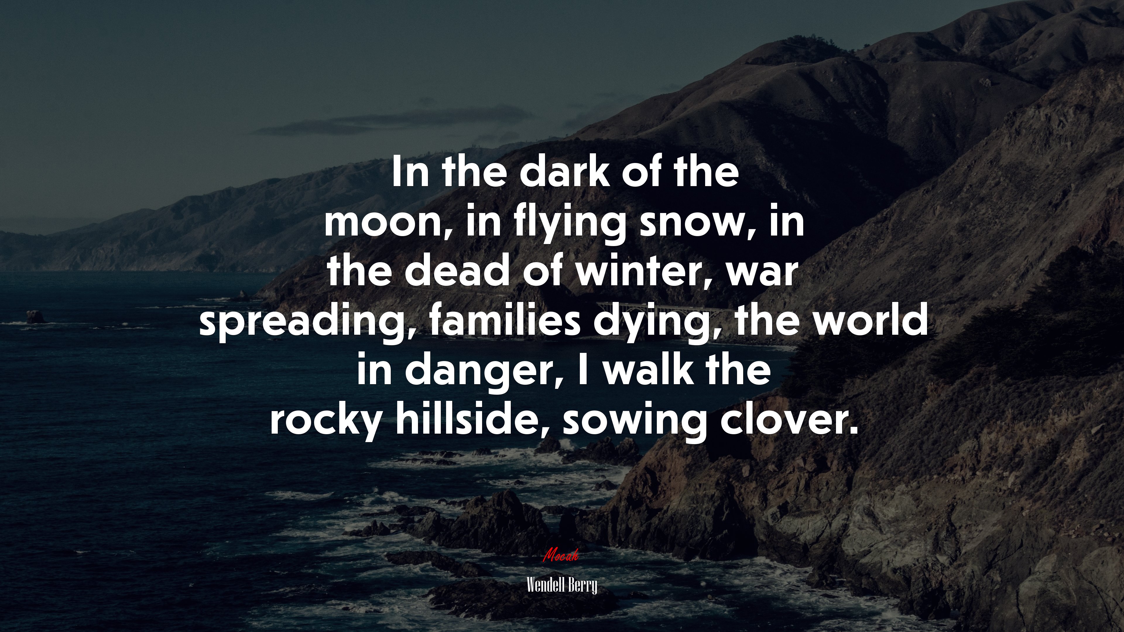 In the dark of the moon, in flying snow, in the dead of winter, war spreading, families dying, the world in danger, I walk the rocky hillside, sowing clover. | Wendell Berry quote HD Wallpaper