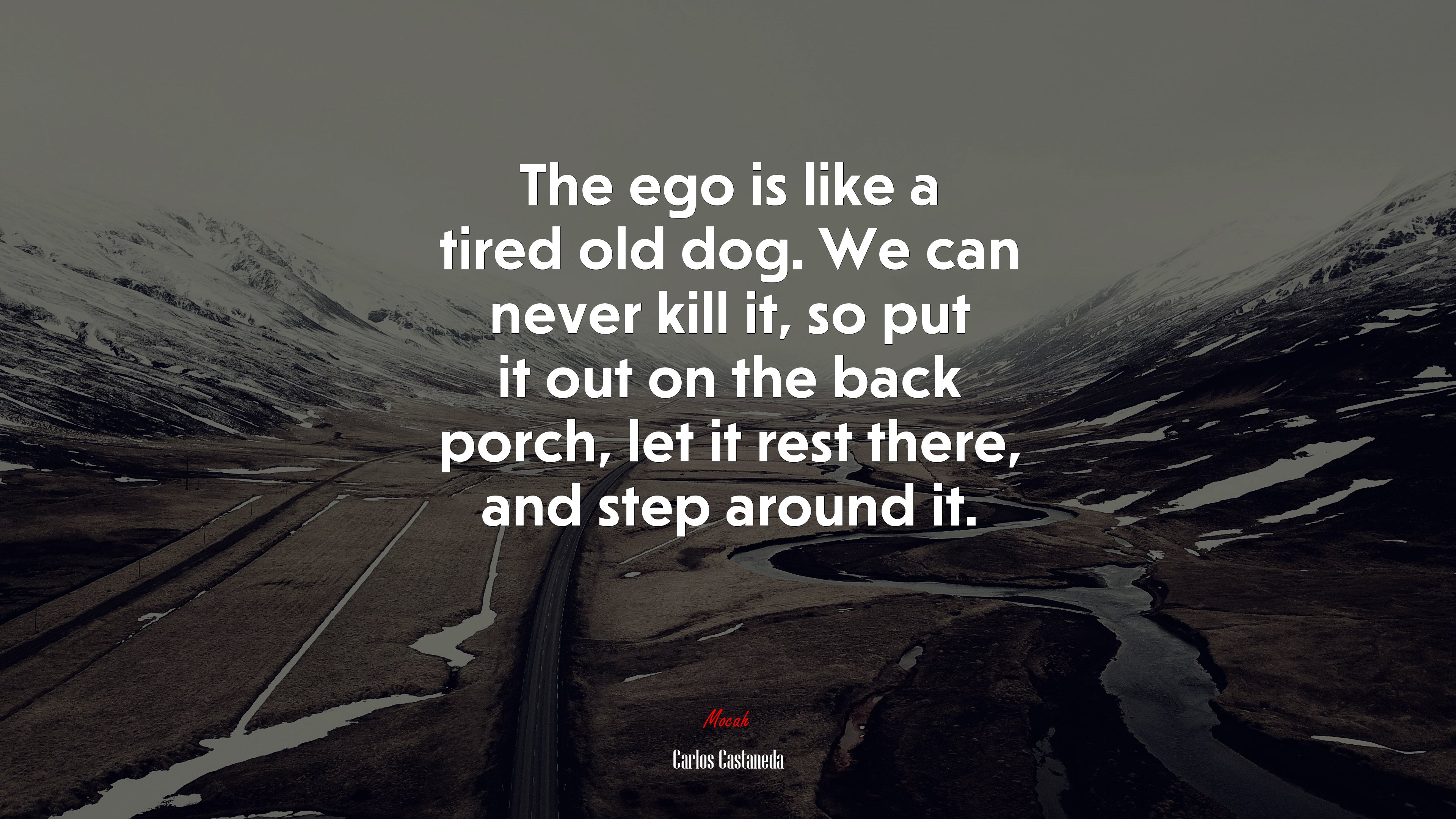 The ego is like a tired old dog. We can never kill it, so put it out on the back porch, let it rest there, and step around it. | Carlos Castaneda quote HD Wallpaper