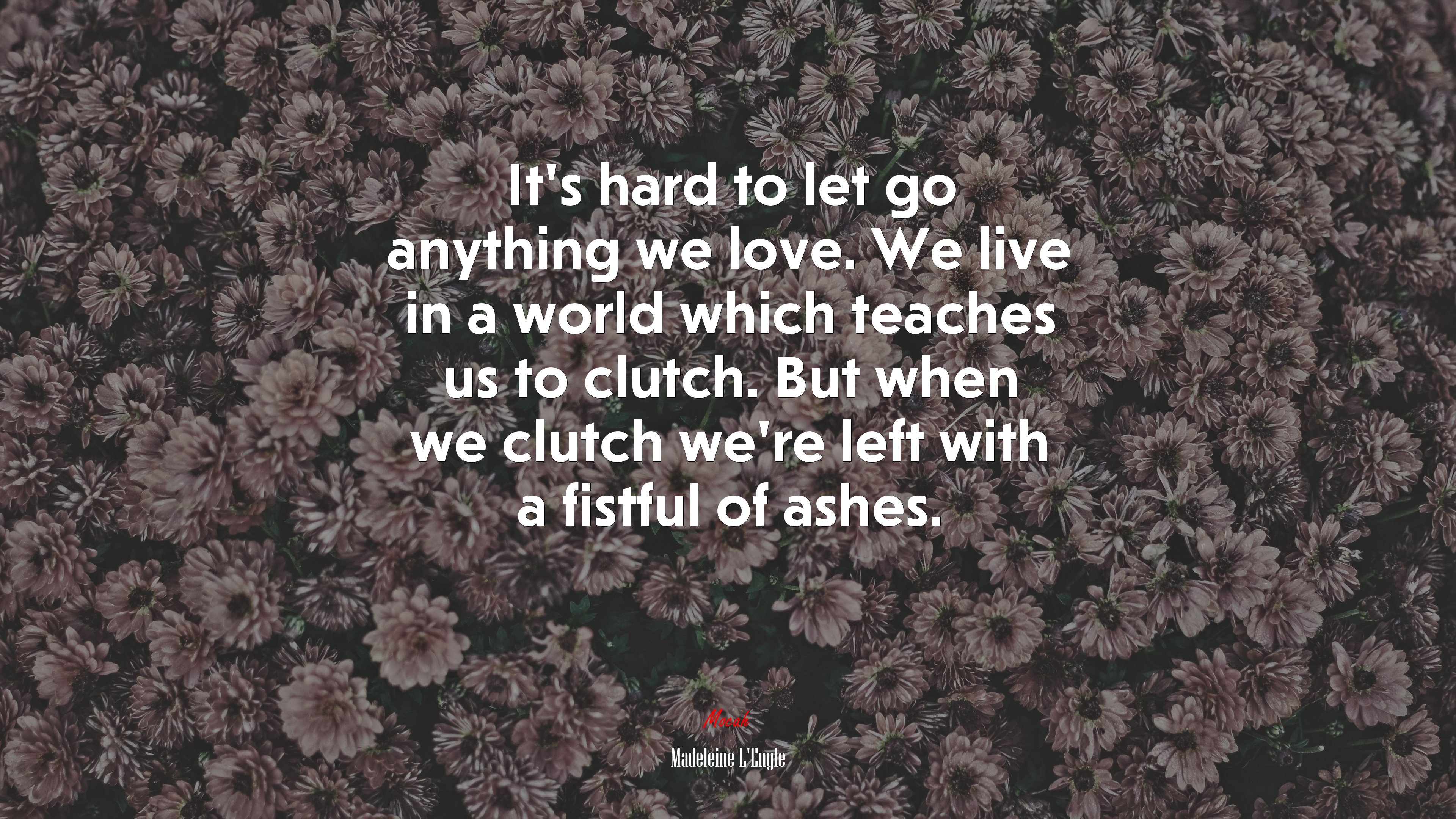 It’s hard to let go anything we love. We live in a world which teaches us to clutch. But when we clutch we’re left with a fistful of ashes. | Madeleine LEngle quote HD Wallpaper