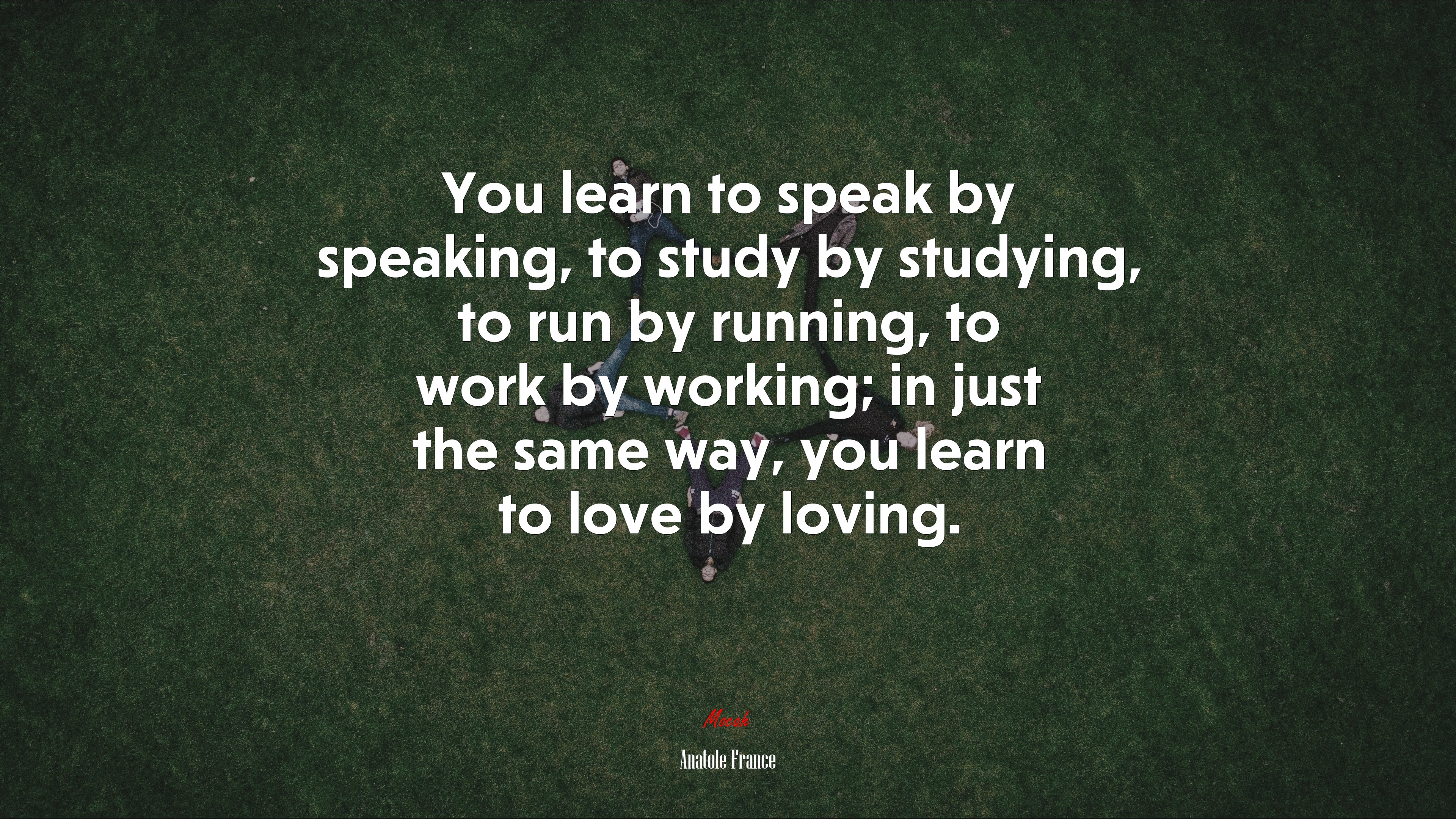 You learn to speak by speaking, to study by studying, to run by running, to work by working; in just the same way, you learn to love by loving. | Anatole France quote HD Wallpaper