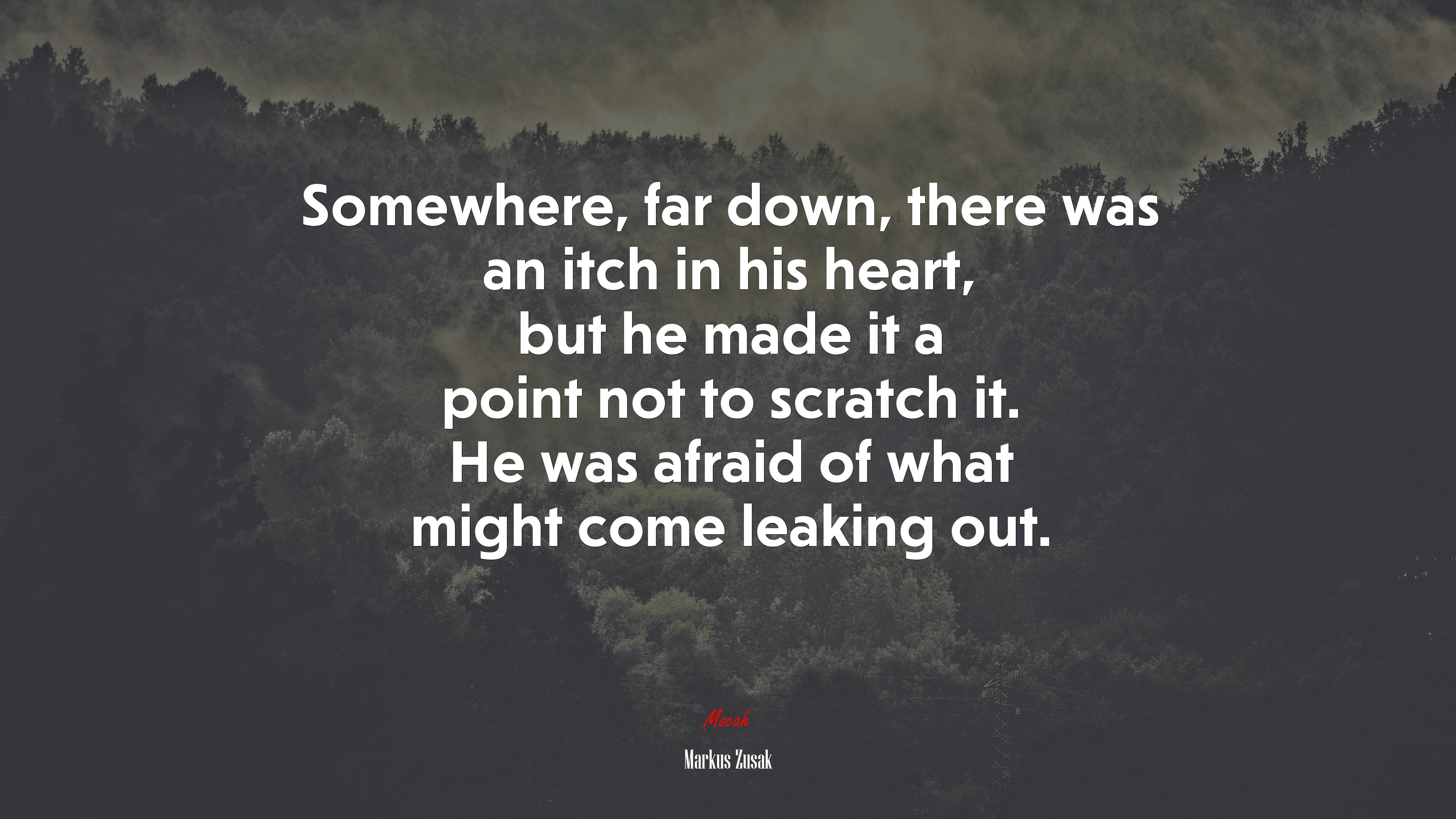 Somewhere, far down, there was an itch in his heart, but he made it a point not to scratch it. He was afraid of what might come leaking out. | Markus Zusak quote HD Wallpaper