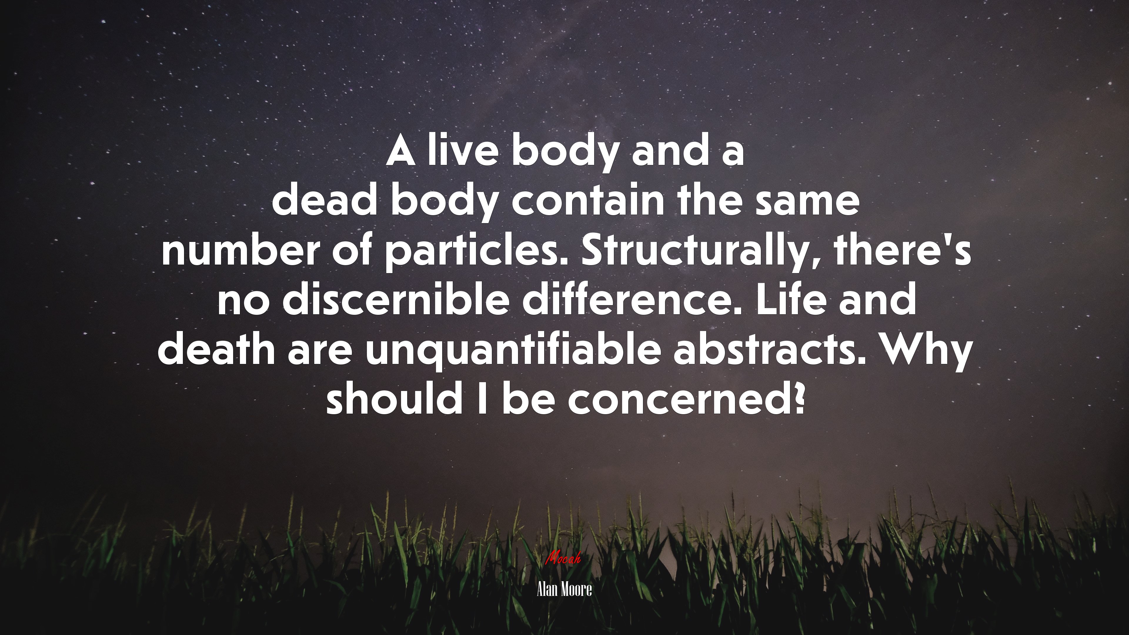 A live body and a dead body contain the same number of particles. Structurally, there’s no discernible difference. Life and death are unquantifiable abstracts. Why should I be concerned? | Alan Moore quote HD Wallpaper