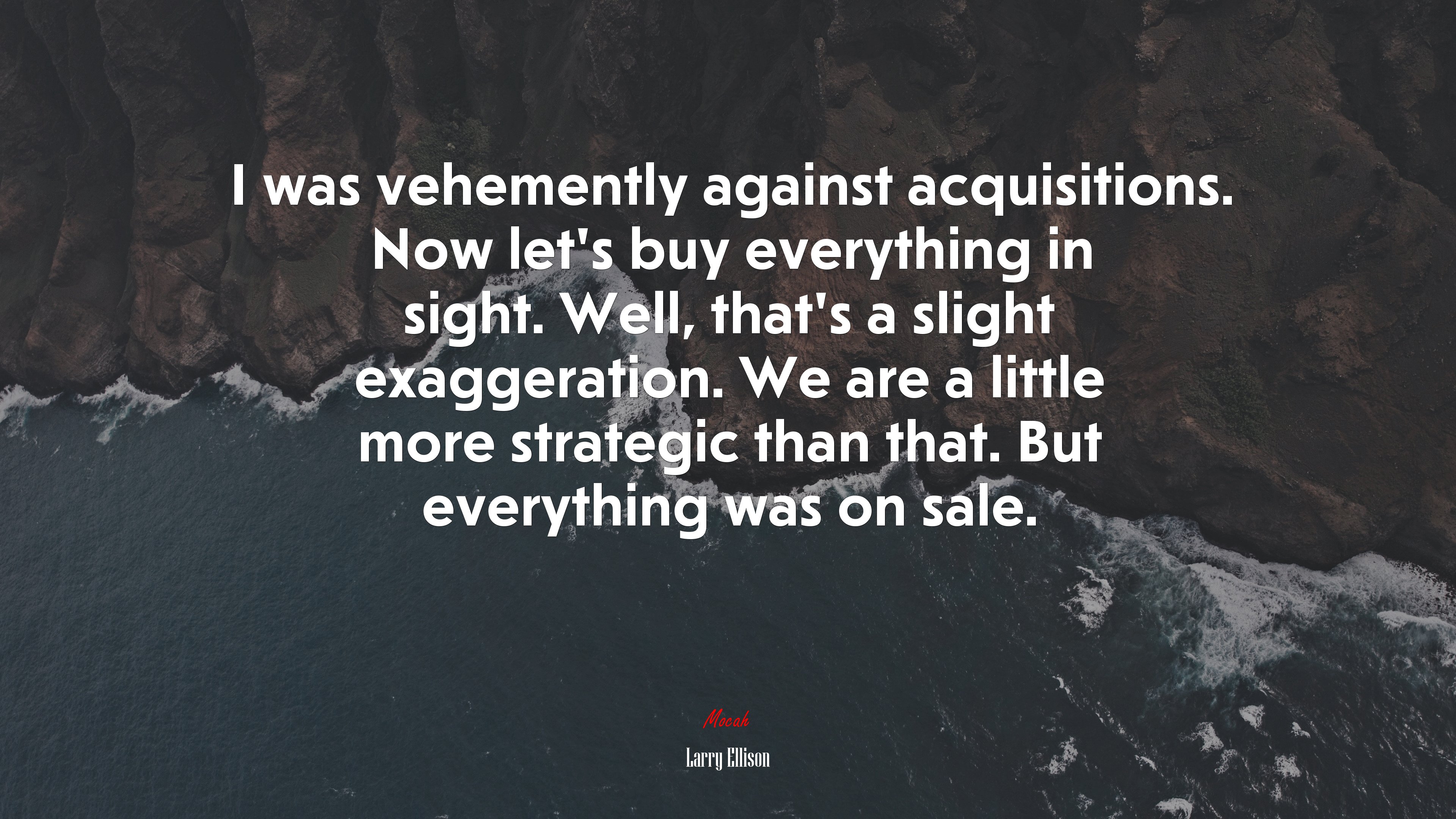 I was vehemently against acquisitions. Now let’s buy everything in sight. Well, that’s a slight exaggeration. We are a little more strategic than that. But everything was on sale. | Larry Ellison quote HD Wallpaper