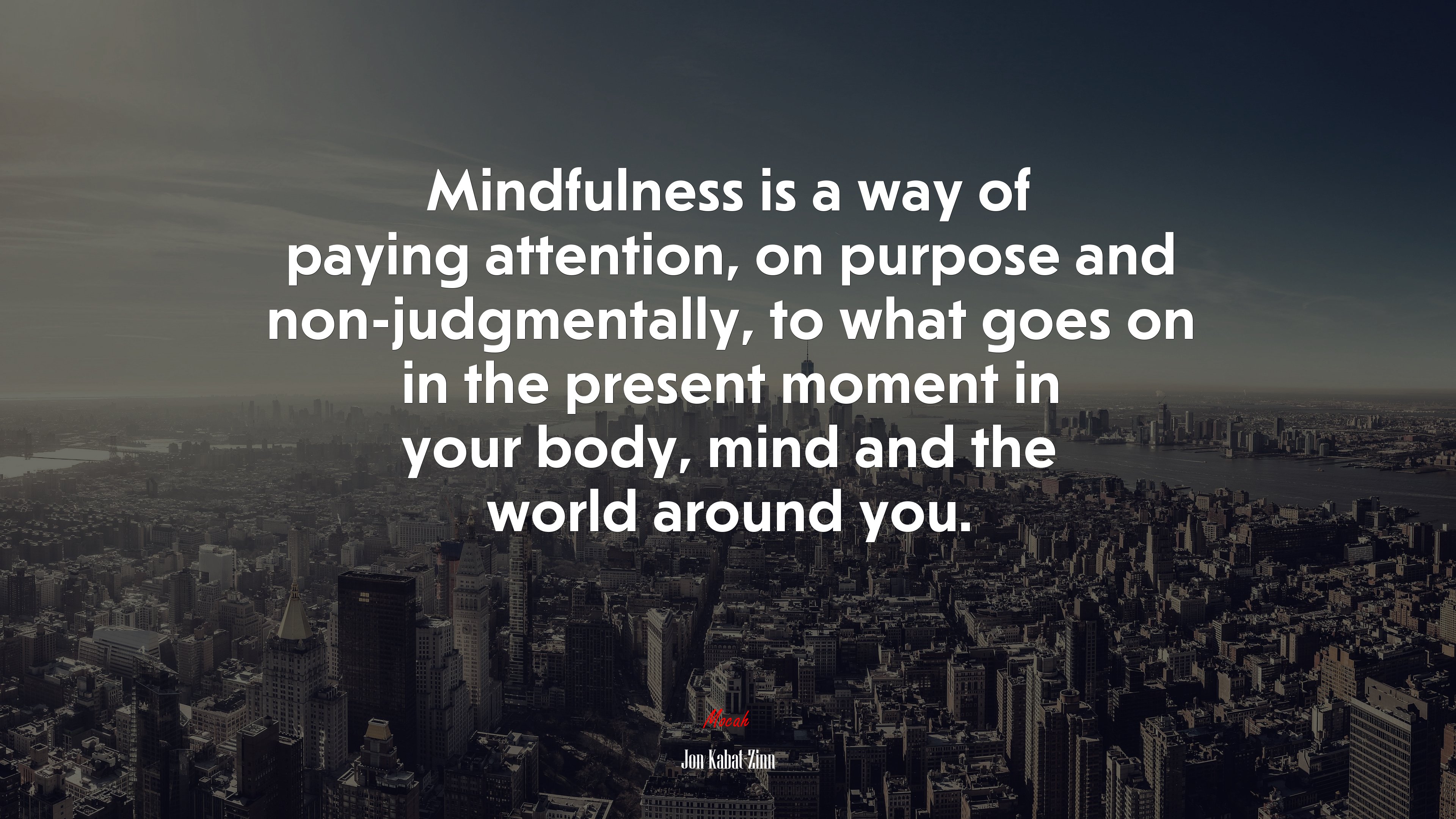 Mindfulness is a way of paying attention, on purpose and non-judgmentally, to what goes on in the present moment in your body, mind and the world around you. | Jon Kabat-Zinn quote HD Wallpaper