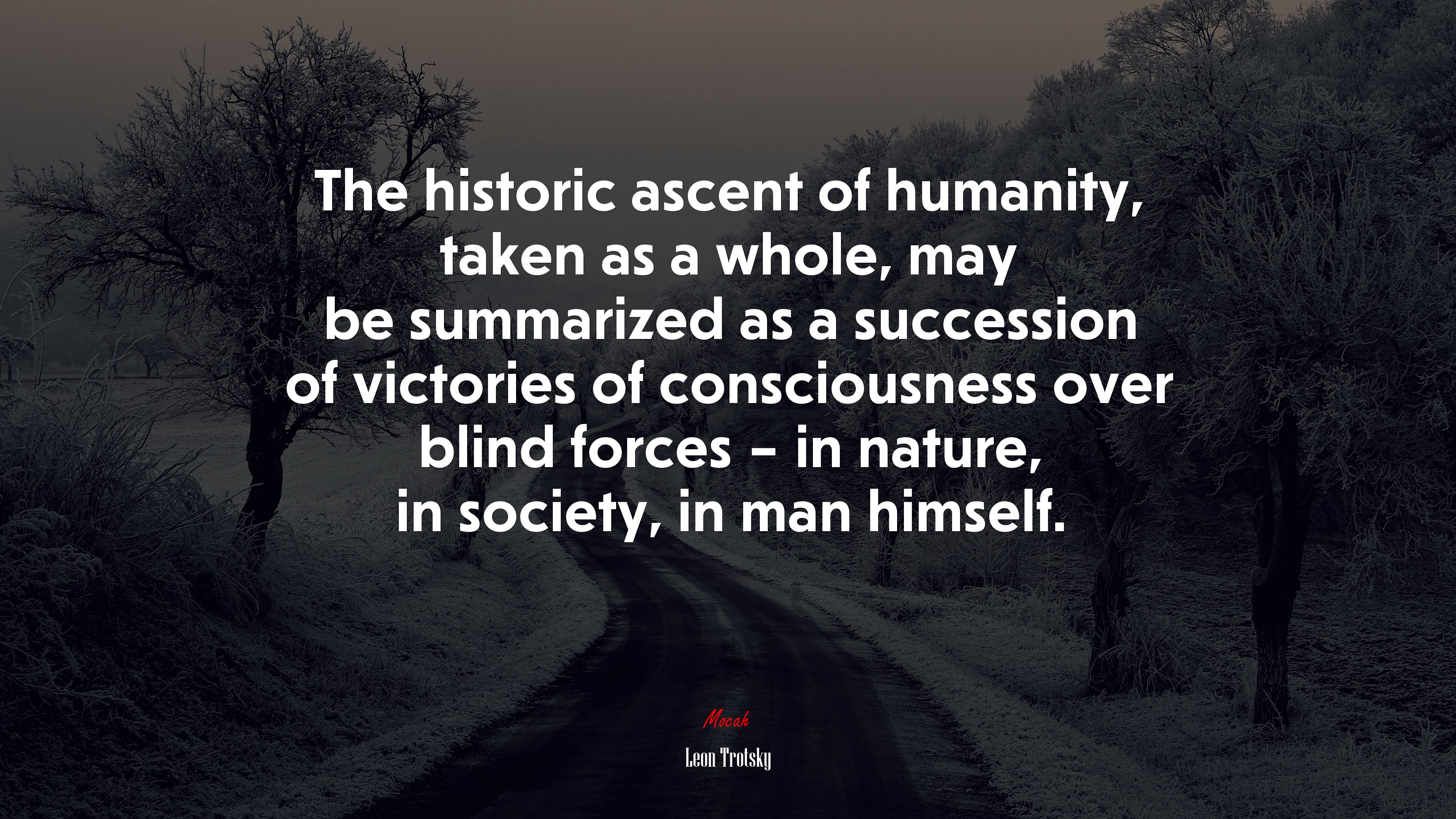 The historic ascent of humanity, taken as a whole, may be summarized as a succession of victories of consciousness over blind forces – in nature, in society, in man himself. | Leon Trotsky quote HD Wallpaper