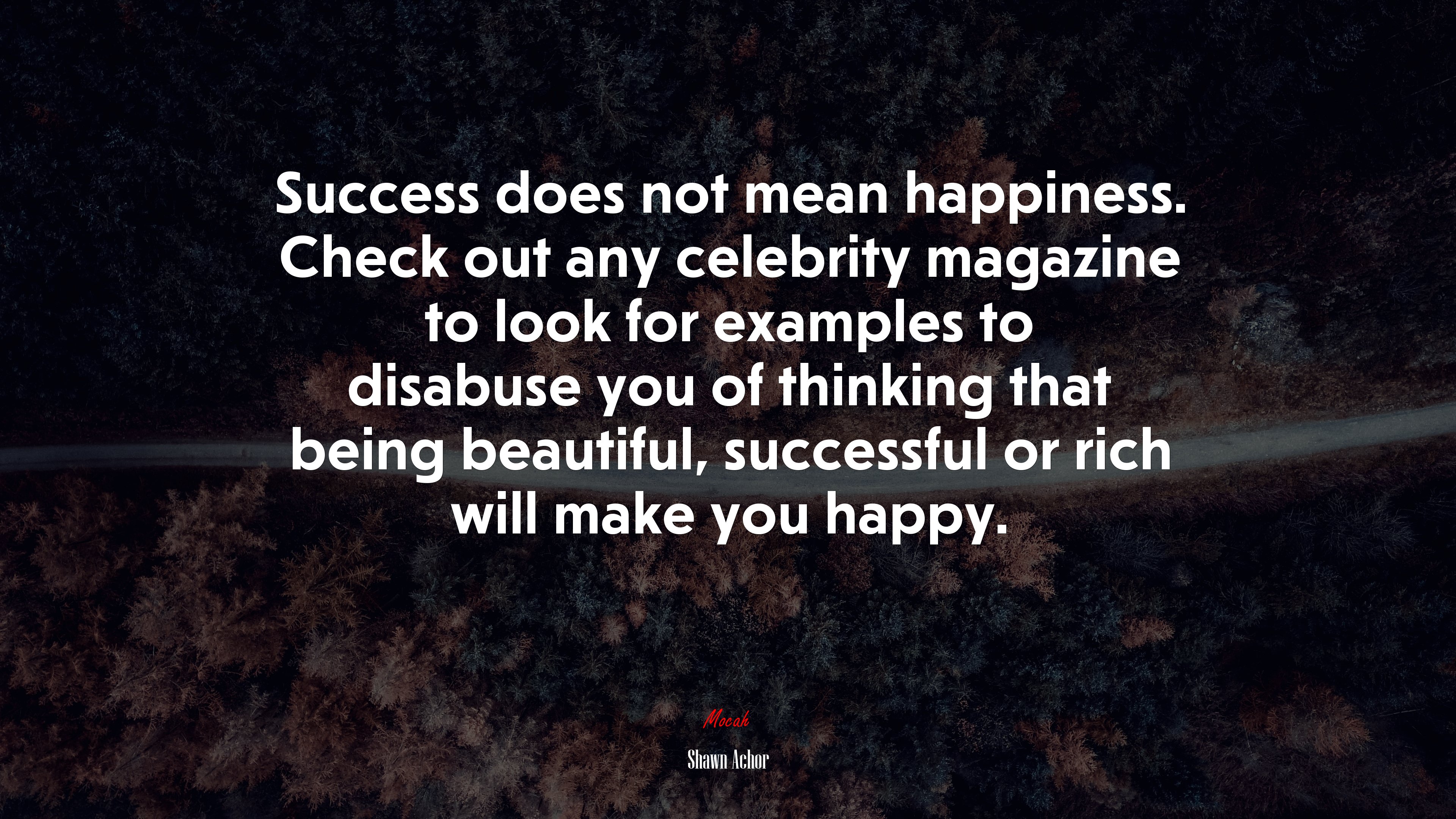 Success does not mean happiness. Check out any celebrity magazine to look for examples to disabuse you of thinking that being beautiful, successful or rich will make you happy. | Shawn Achor quote HD Wallpaper