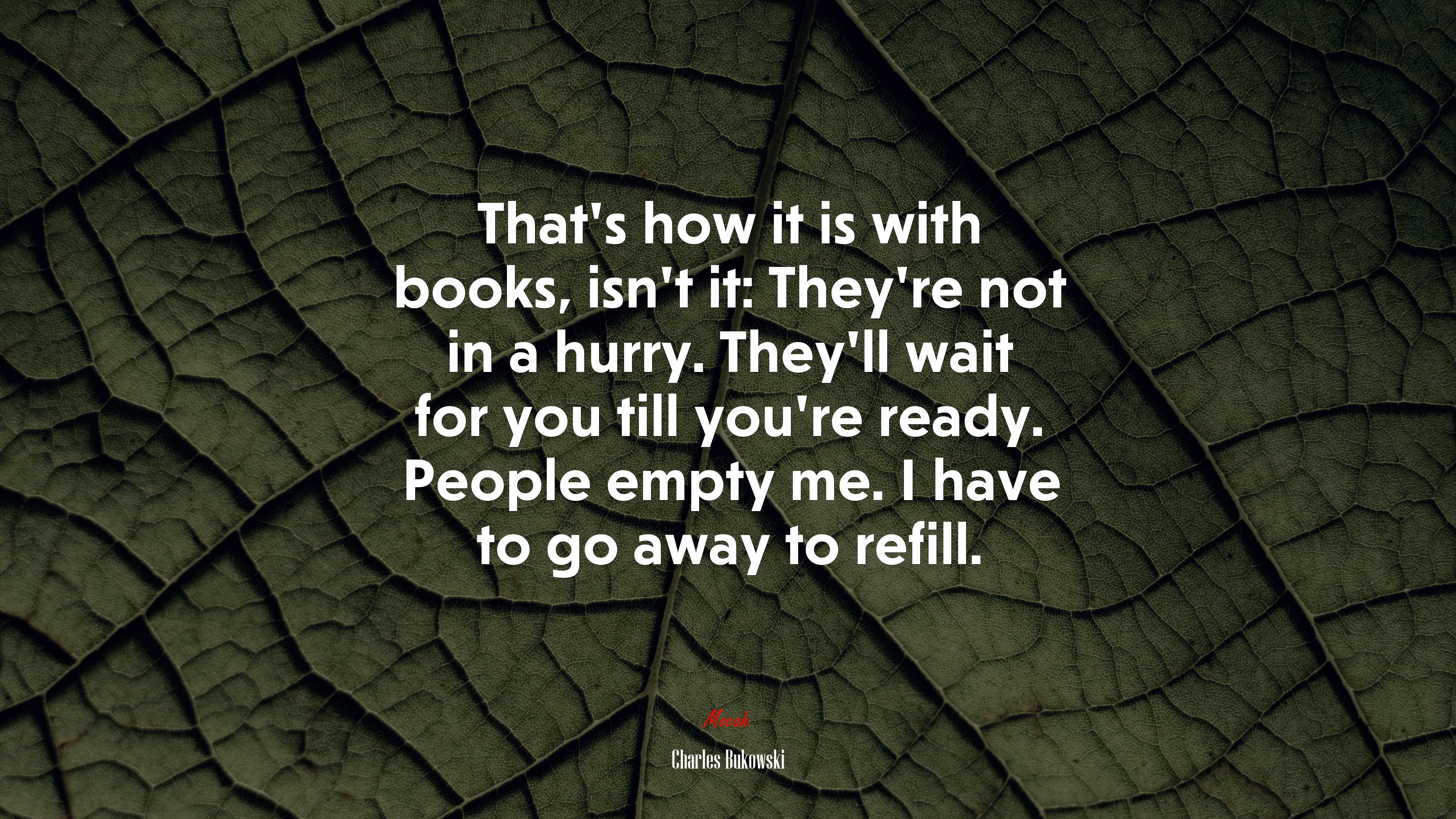 That’s how it is with books, isn’t it: They’re not in a hurry. They’ll wait for you till you’re ready. People empty me. I have to go away to refill. | Charles Bukowski quote HD Wallpaper