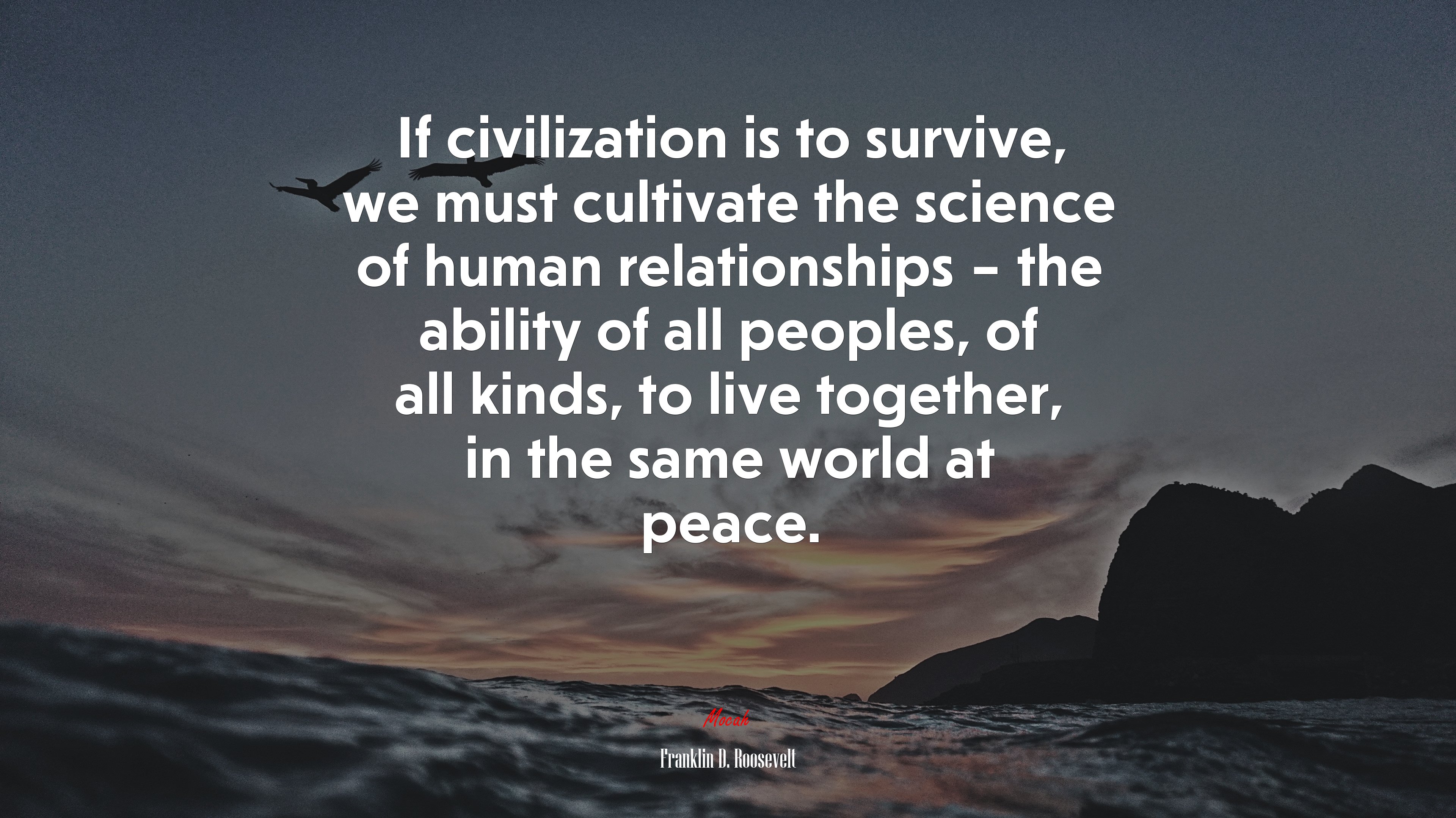 If civilization is to survive, we must cultivate the science of human relationships – the ability of all peoples, of all kinds, to live together, in the same world at peace. | Franklin D. Roosevelt quote HD Wallpaper