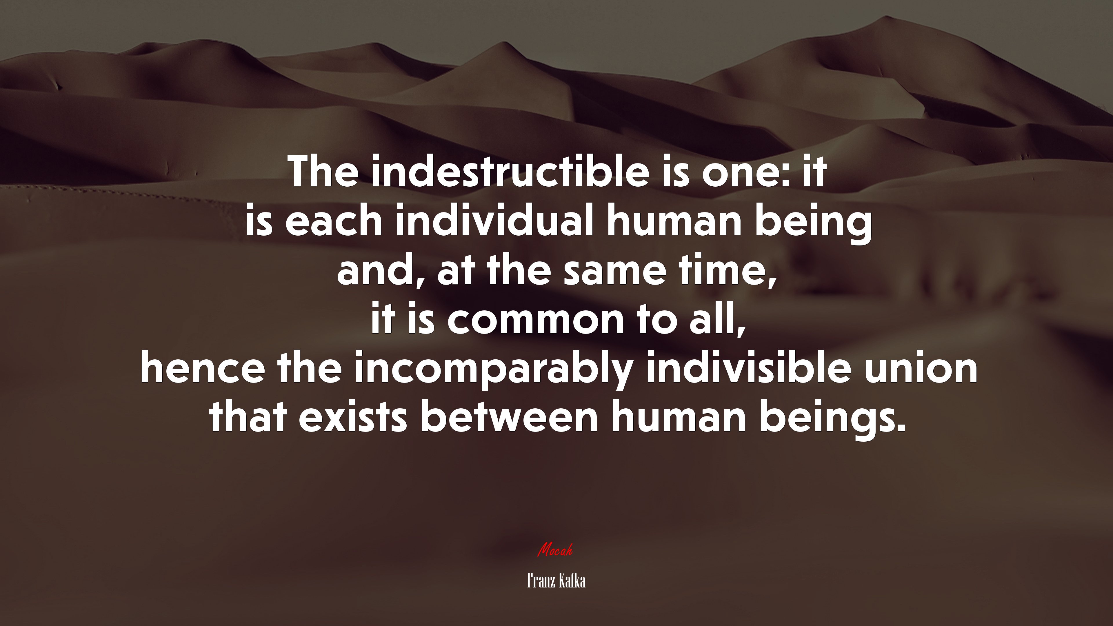 The indestructible is one: it is each individual human being and, at the same time, it is common to all, hence the incomparably indivisible union that exists between human beings. | Franz Kafka quote HD Wallpaper