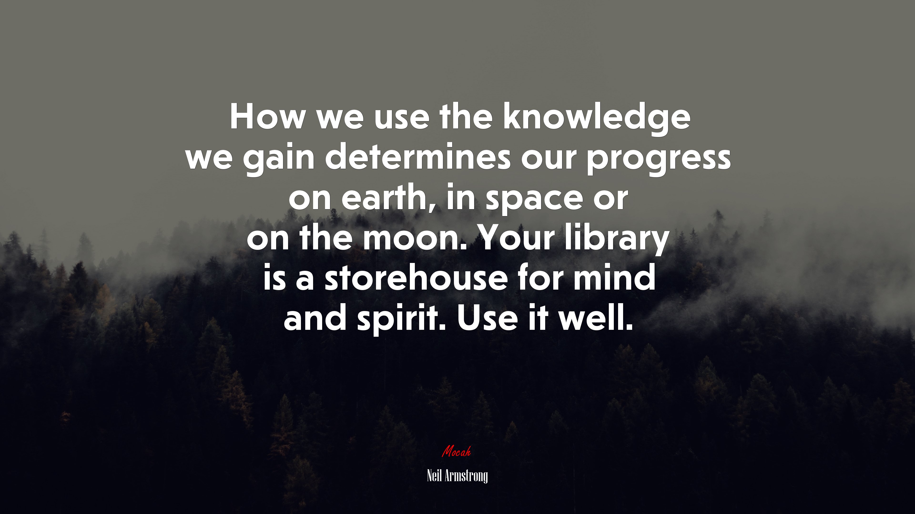 How we use the knowledge we gain determines our progress on earth, in space or on the moon. Your library is a storehouse for mind and spirit. Use it well. | Neil Armstrong quote HD Wallpaper