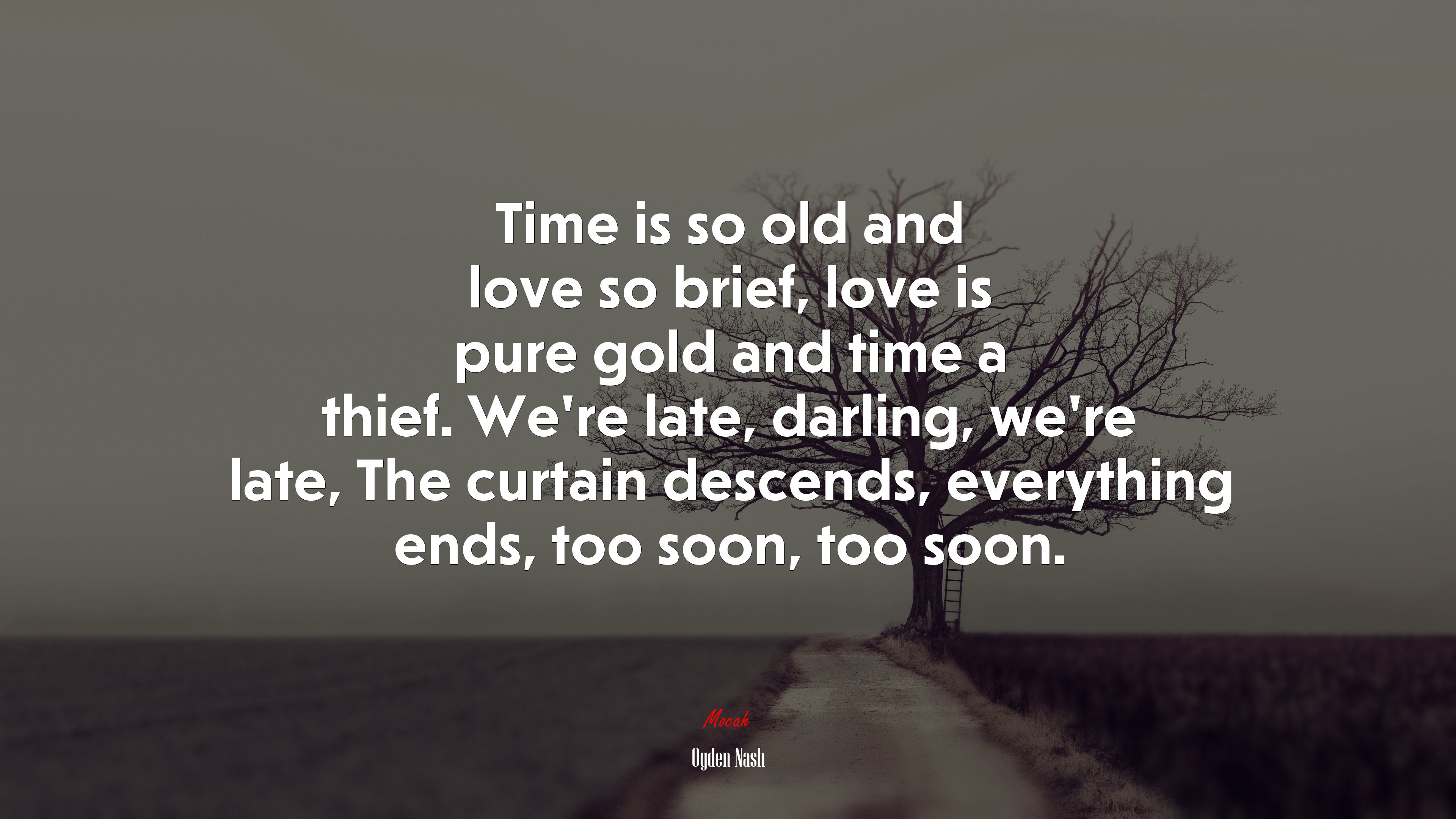 Time is so old and love so brief, love is pure gold and time a thief. We’re late, darling, we’re late, The curtain descends, everything ends, too soon, too soon. | Ogden Nash quote HD Wallpaper