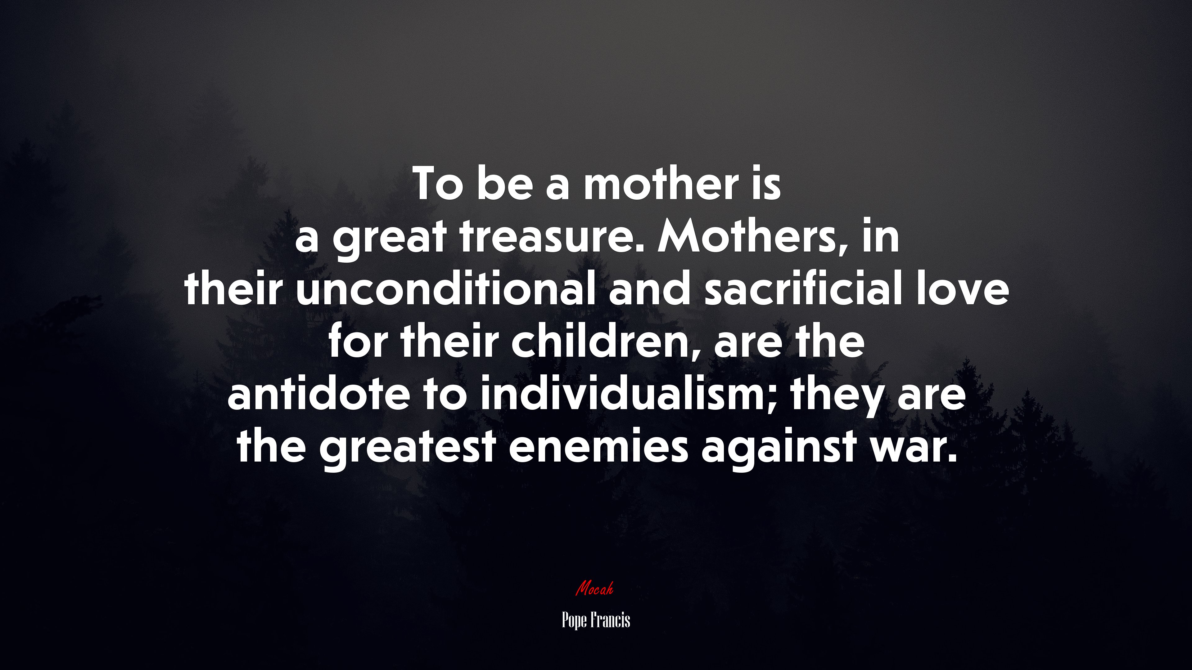 To be a mother is a great treasure. Mothers, in their unconditional and sacrificial love for their children, are the antidote to individualism; they are the greatest enemies against war. | Pope Francis quote HD Wallpaper