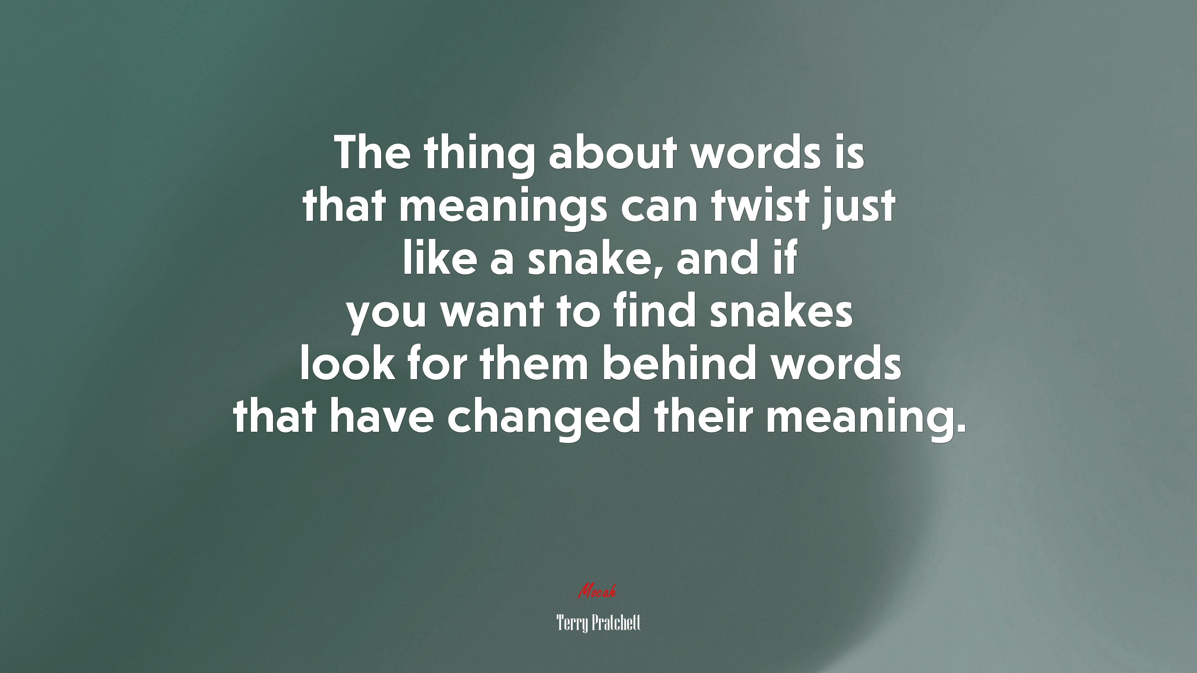 The thing about words is that meanings can twist just like a snake, and if you want to find snakes look for them behind words that have changed their meaning. | Terry Pratchett quote HD Wallpaper