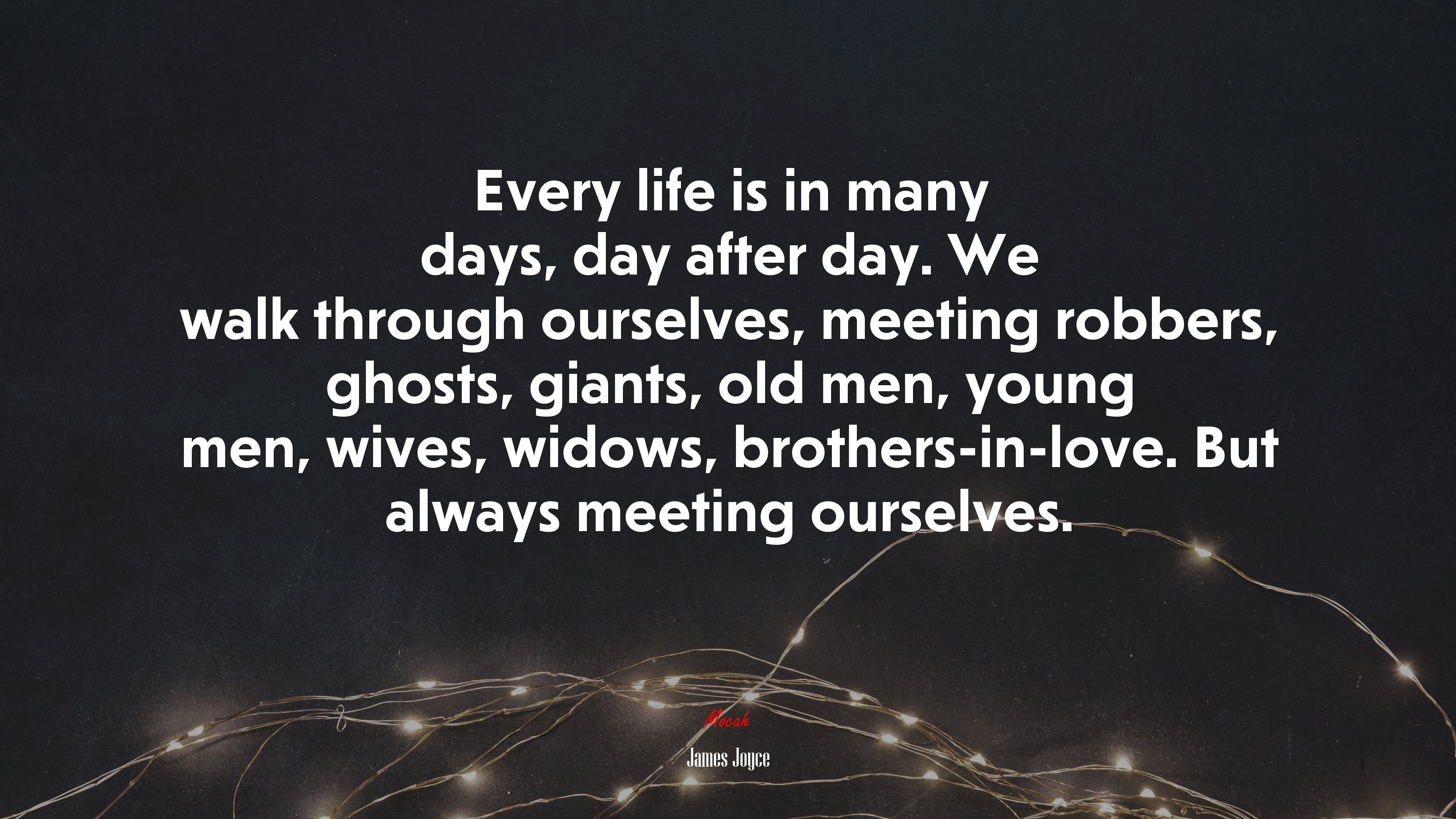 Every life is in many days, day after day. We walk through ourselves, meeting robbers, ghosts, giants, old men, young men, wives, widows, brothers-in-love. But always meeting ourselves. | James Joyce quote HD Wallpaper