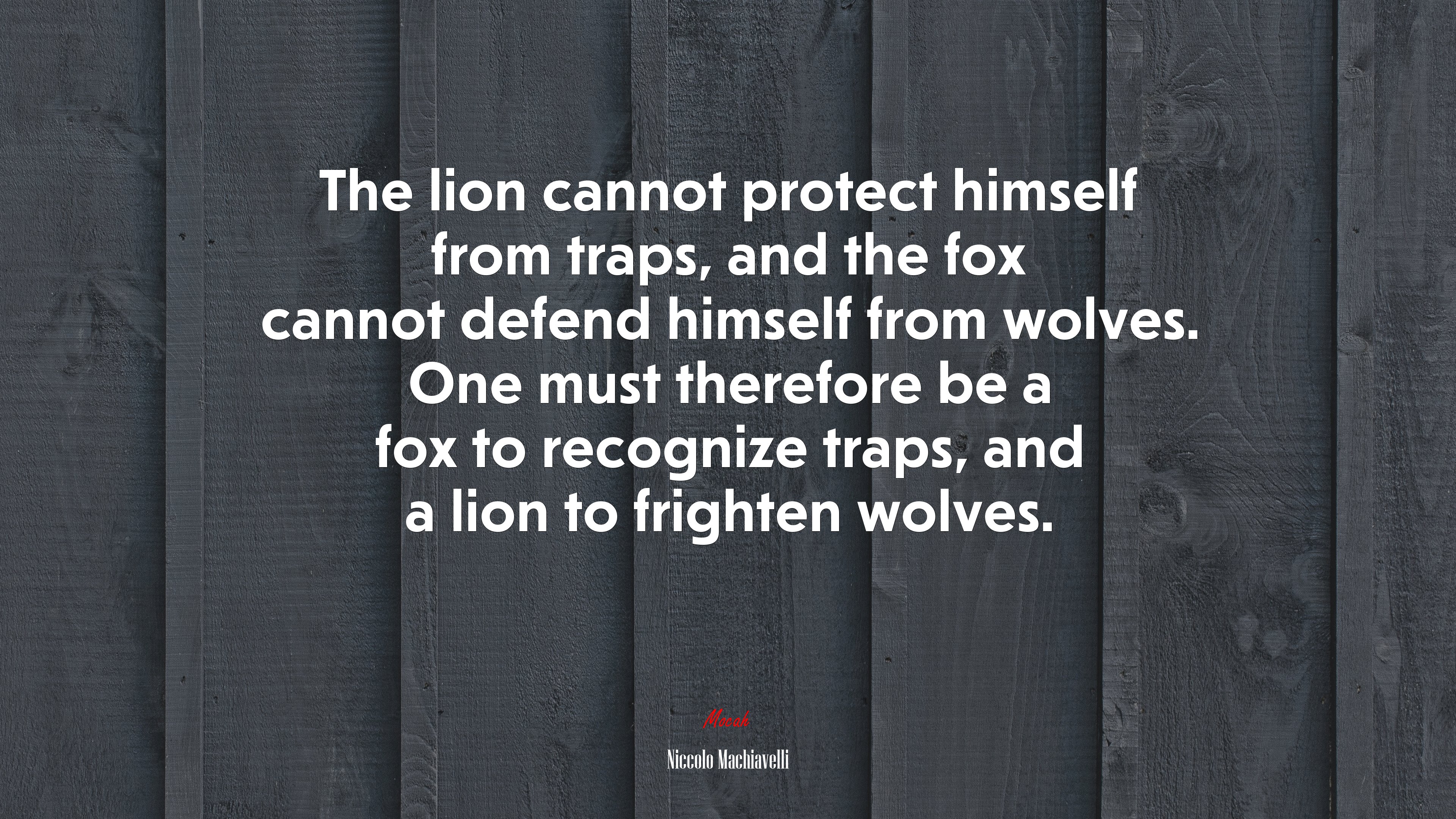 The lion cannot protect himself from traps, and the fox cannot defend himself from wolves. One must therefore be a fox to recognize traps, and a lion to frighten wolves. | Niccolò Machiavelli quote HD Wallpaper