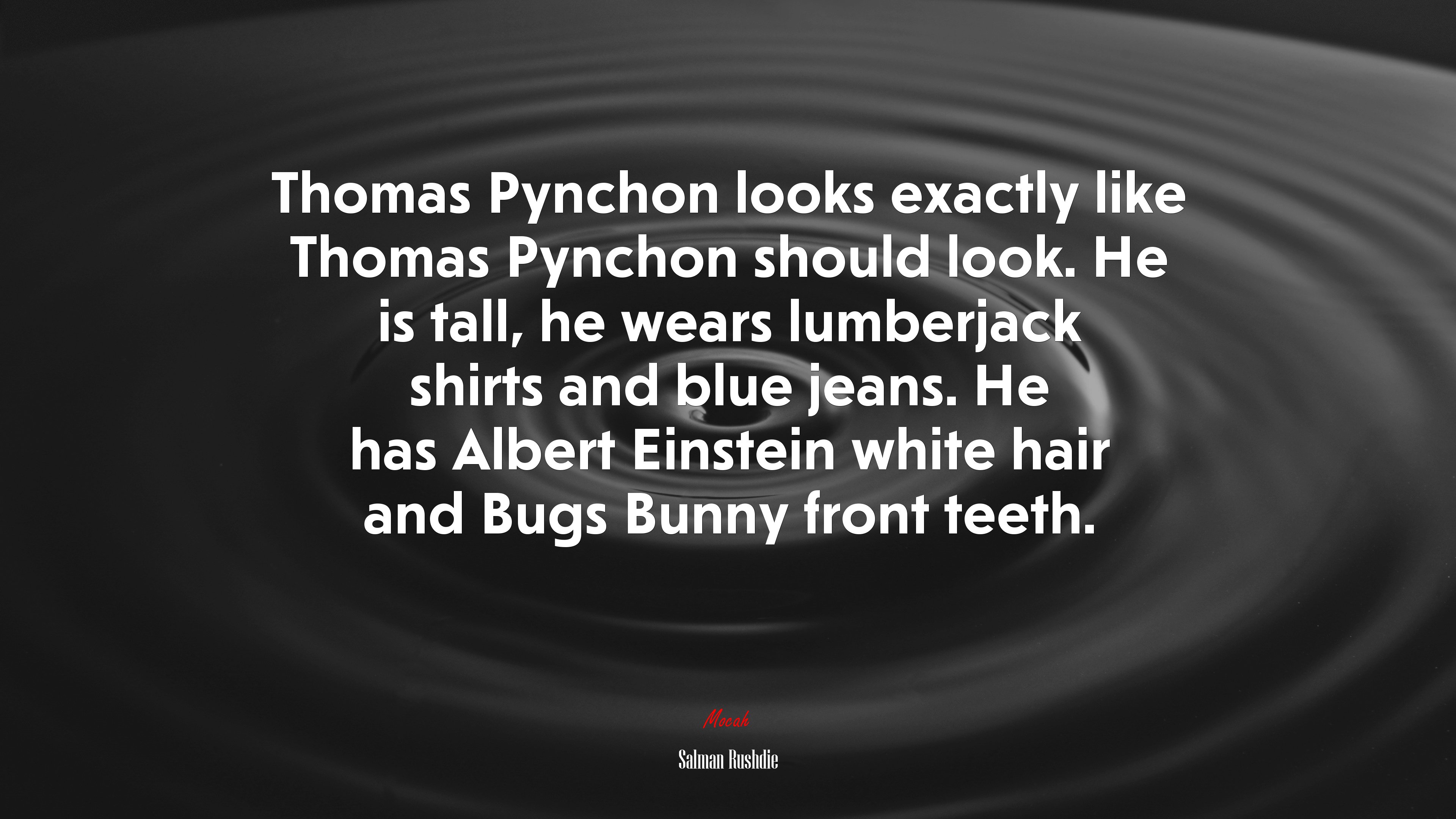 Thomas Pynchon looks exactly like Thomas Pynchon should look. He is tall, he wears lumberjack shirts and blue jeans. He has Albert Einstein white hair and Bugs Bunny front teeth. | Salman Rushdie quote HD Wallpaper