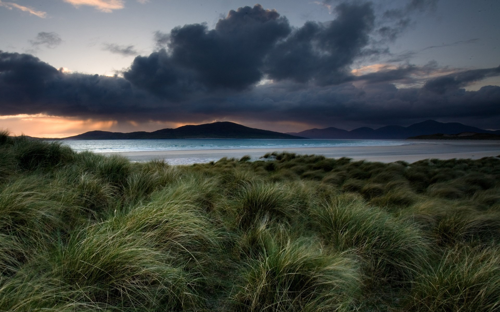 Grassy dunes on a beach with stormy clouds over the sea HD Wallpaper