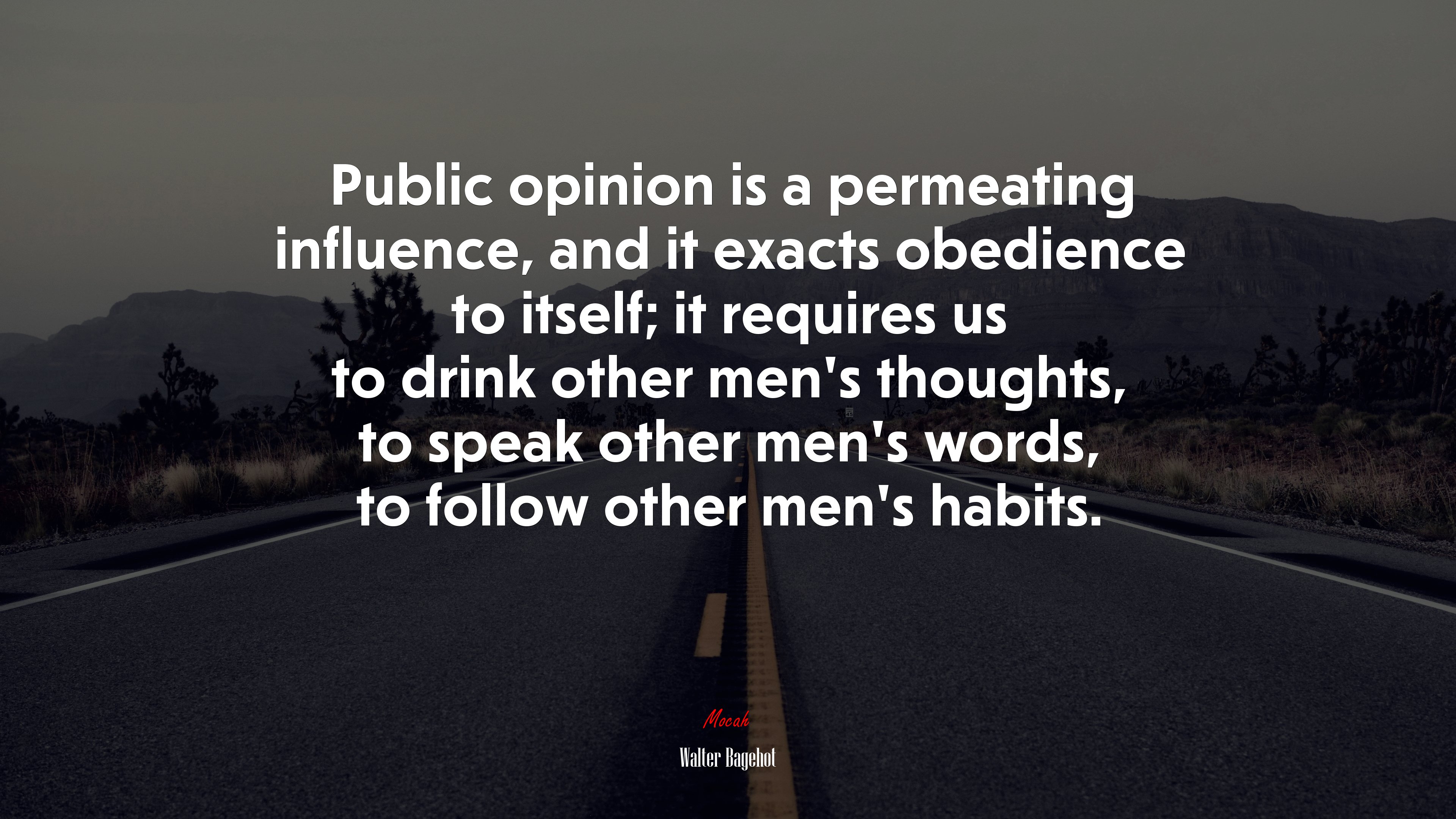 Public opinion is a permeating influence, and it exacts obedience to itself; it requires us to drink other men’s thoughts, to speak other men’s words, to follow other men’s habits. | Walter Bagehot quote HD Wallpaper