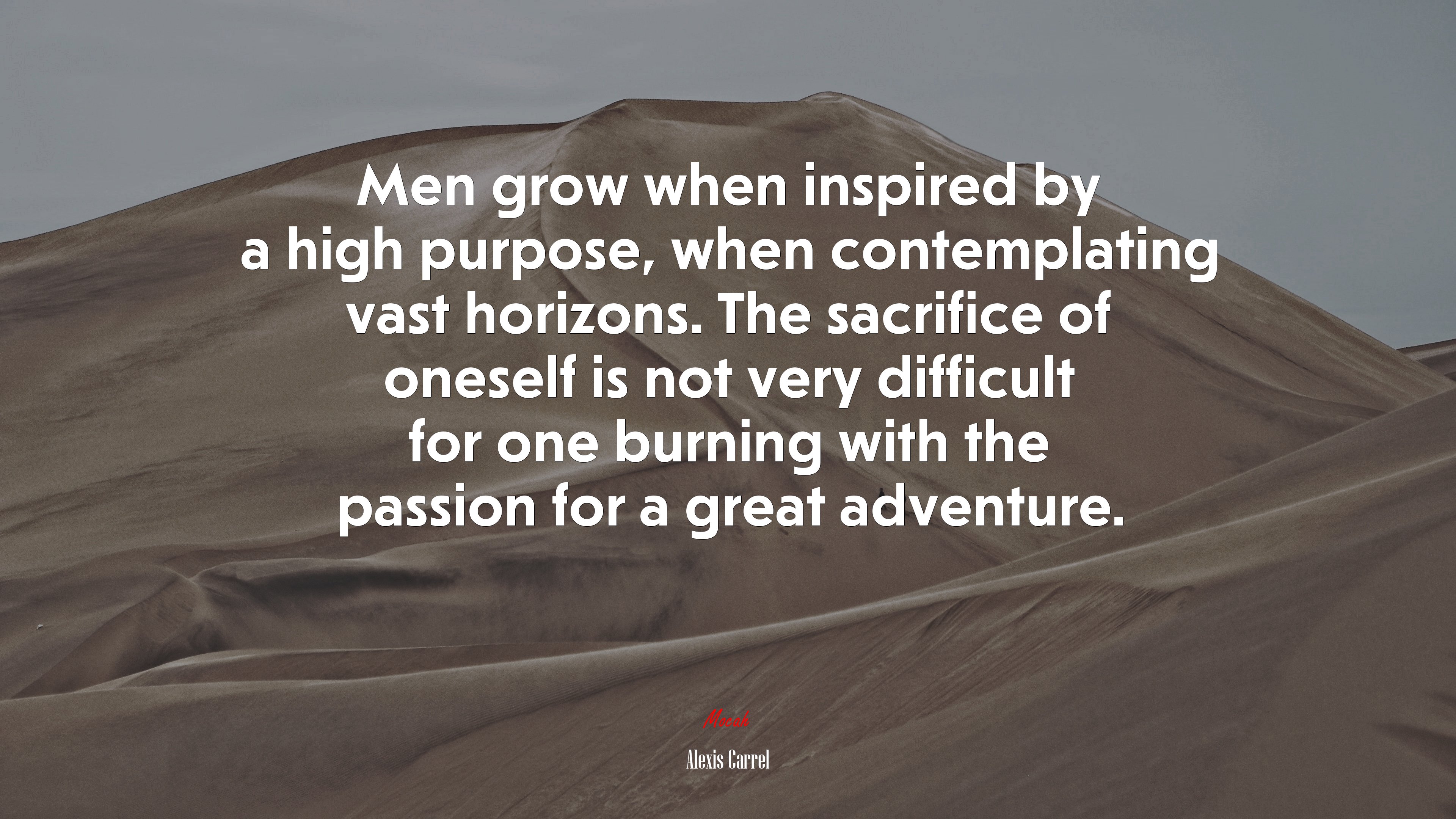 Men grow when inspired by a high purpose, when contemplating vast horizons. The sacrifice of oneself is not very difficult for one burning with the passion for a great adventure. | Alexis Carrel quote HD Wallpaper