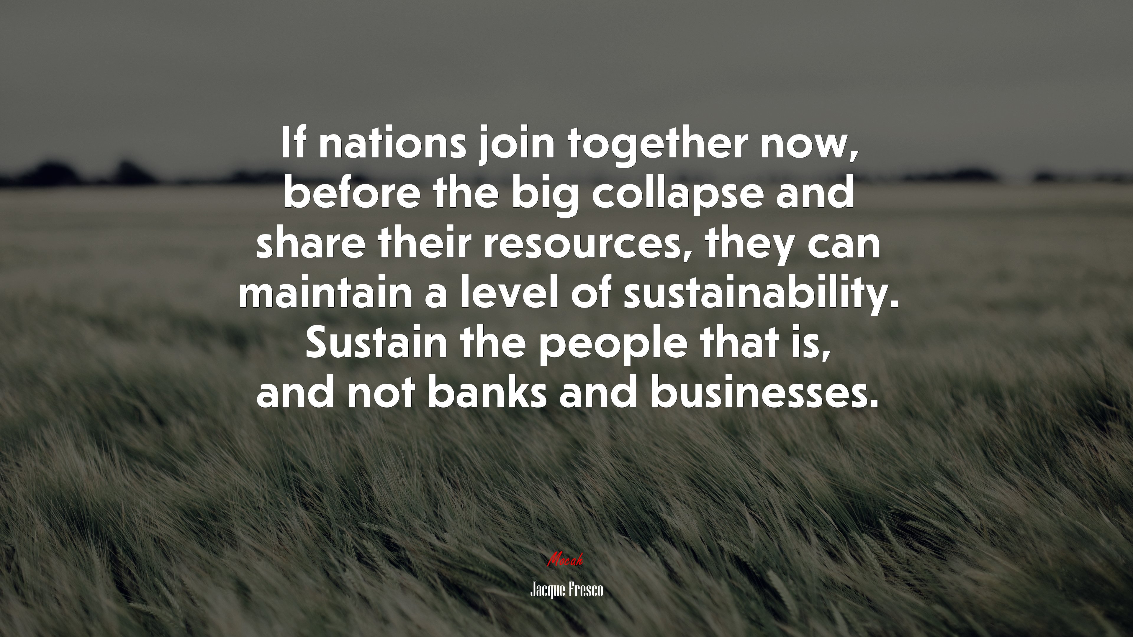 If nations join together now, before the big collapse and share their resources, they can maintain a level of sustainability. Sustain the people that is, and not banks and businesses. | Jacque Fresco quote HD Wallpaper