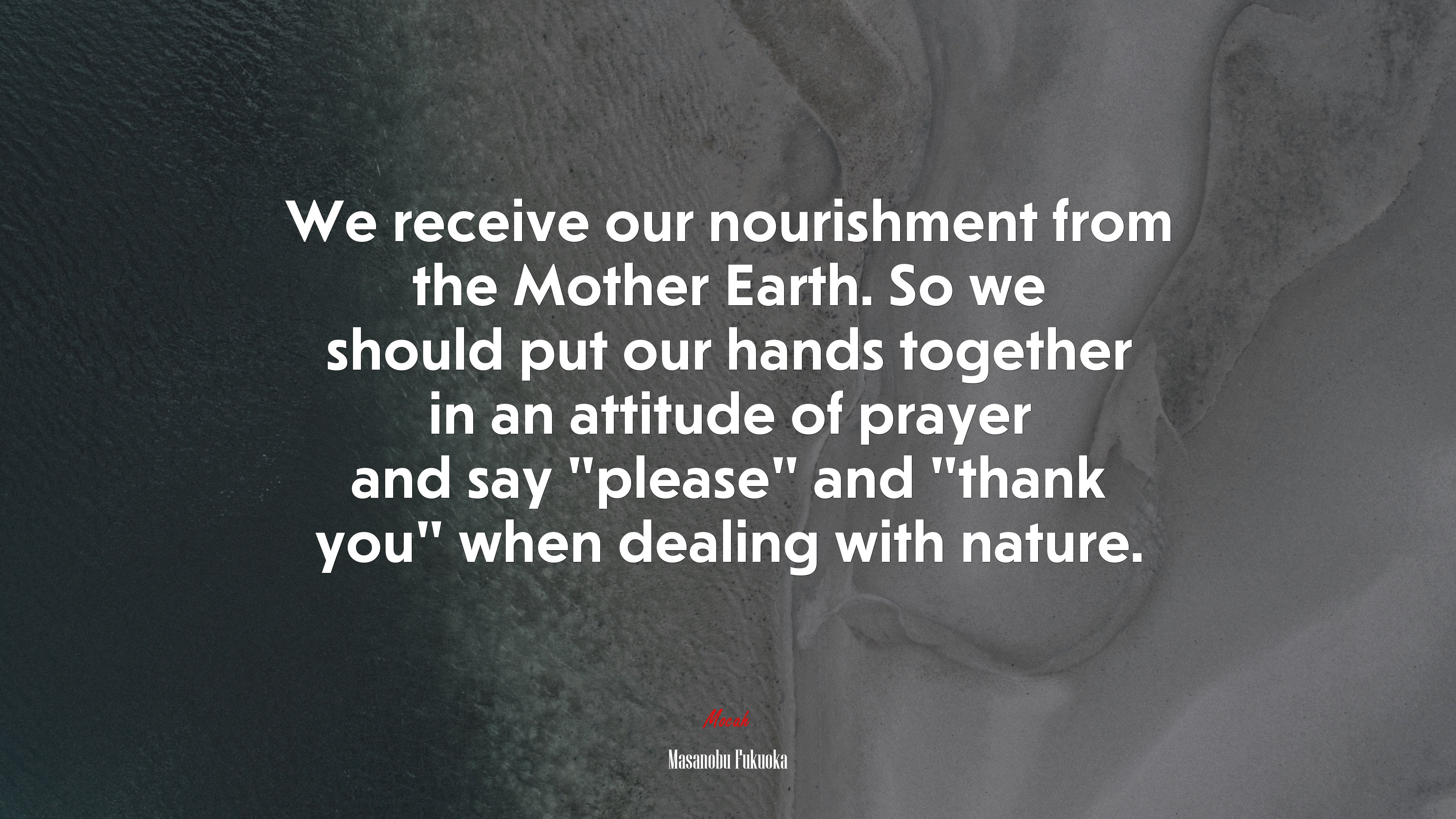 We receive our nourishment from the Mother Earth. So we should put our hands together in an attitude of prayer and say “please” and “thank you” when dealing with nature. | Masanobu Fukuoka quote HD Wallpaper