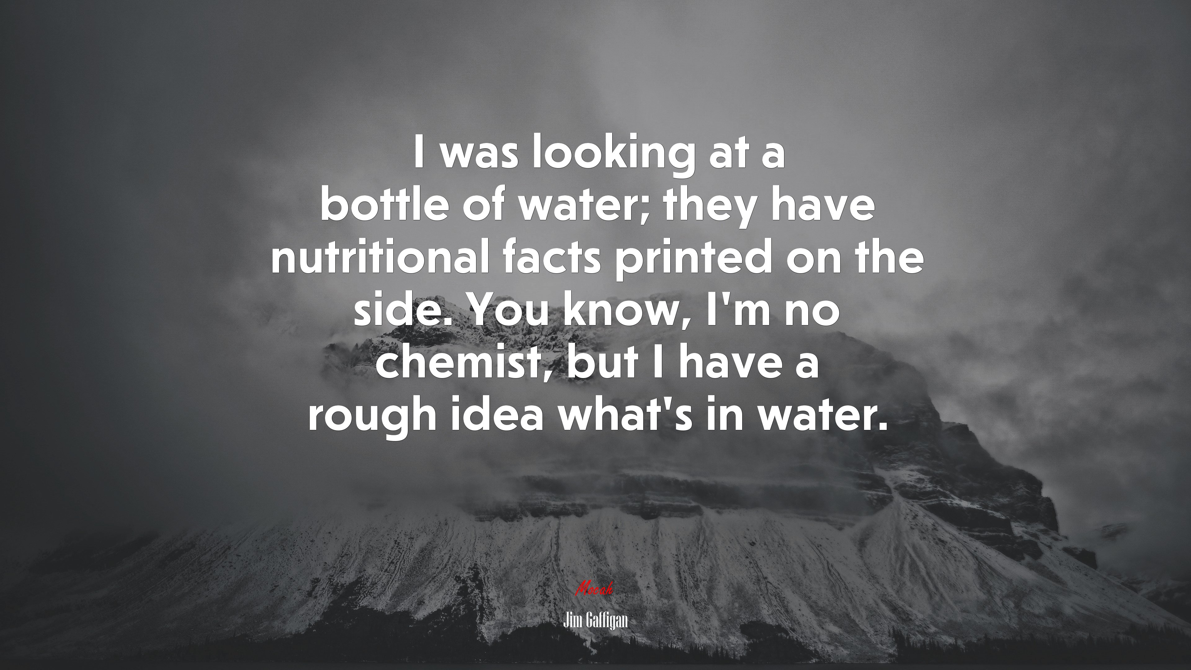 I was looking at a bottle of water; they have nutritional facts printed on the side. You know, I’m no chemist, but I have a rough idea what’s in water. | Jim Gaffigan quote HD Wallpaper
