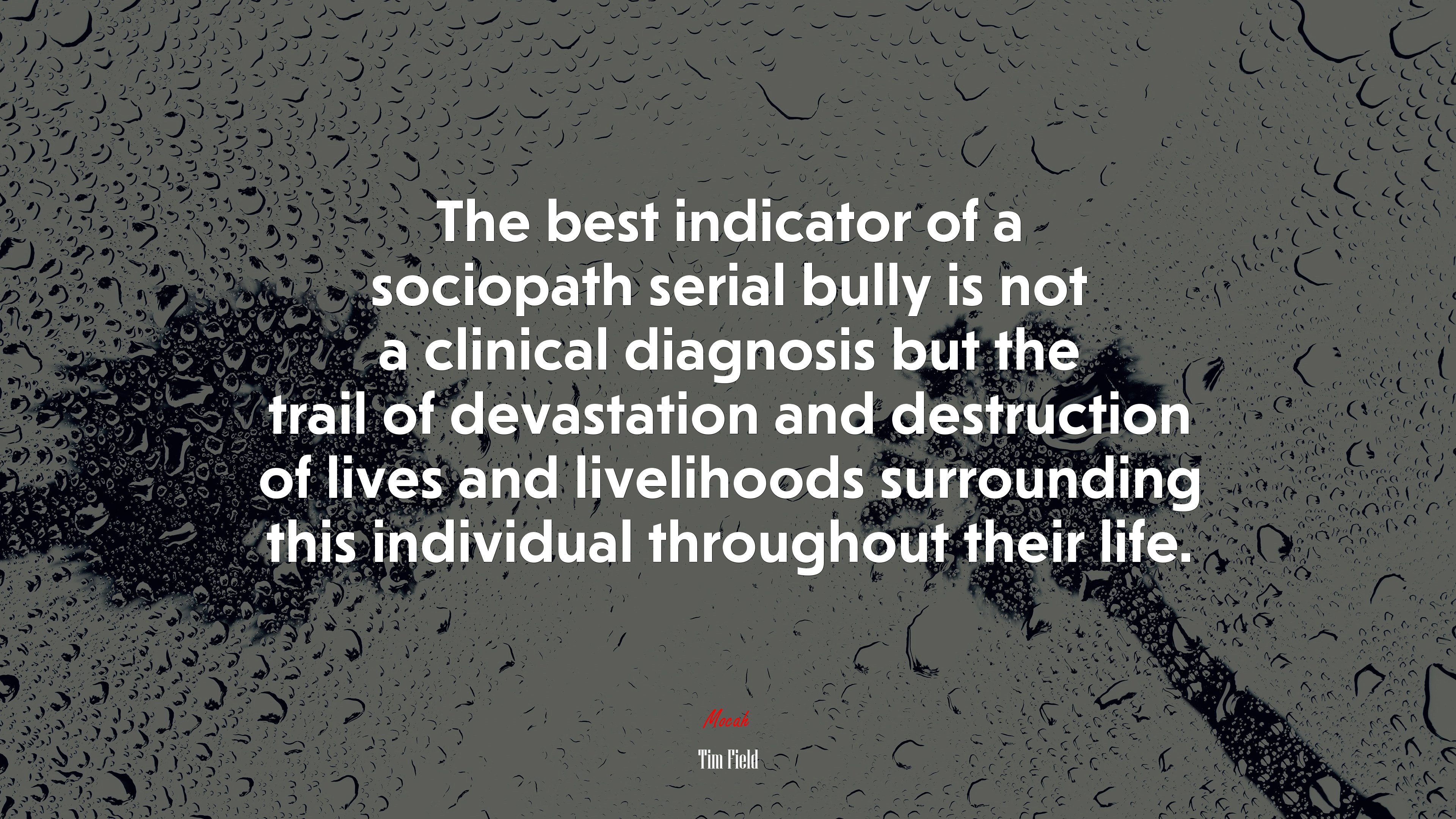 The best indicator of a sociopath serial bully is not a clinical diagnosis but the trail of devastation and destruction of lives and livelihoods surrounding this individual throughout their life. | Tim Field quote HD Wallpaper