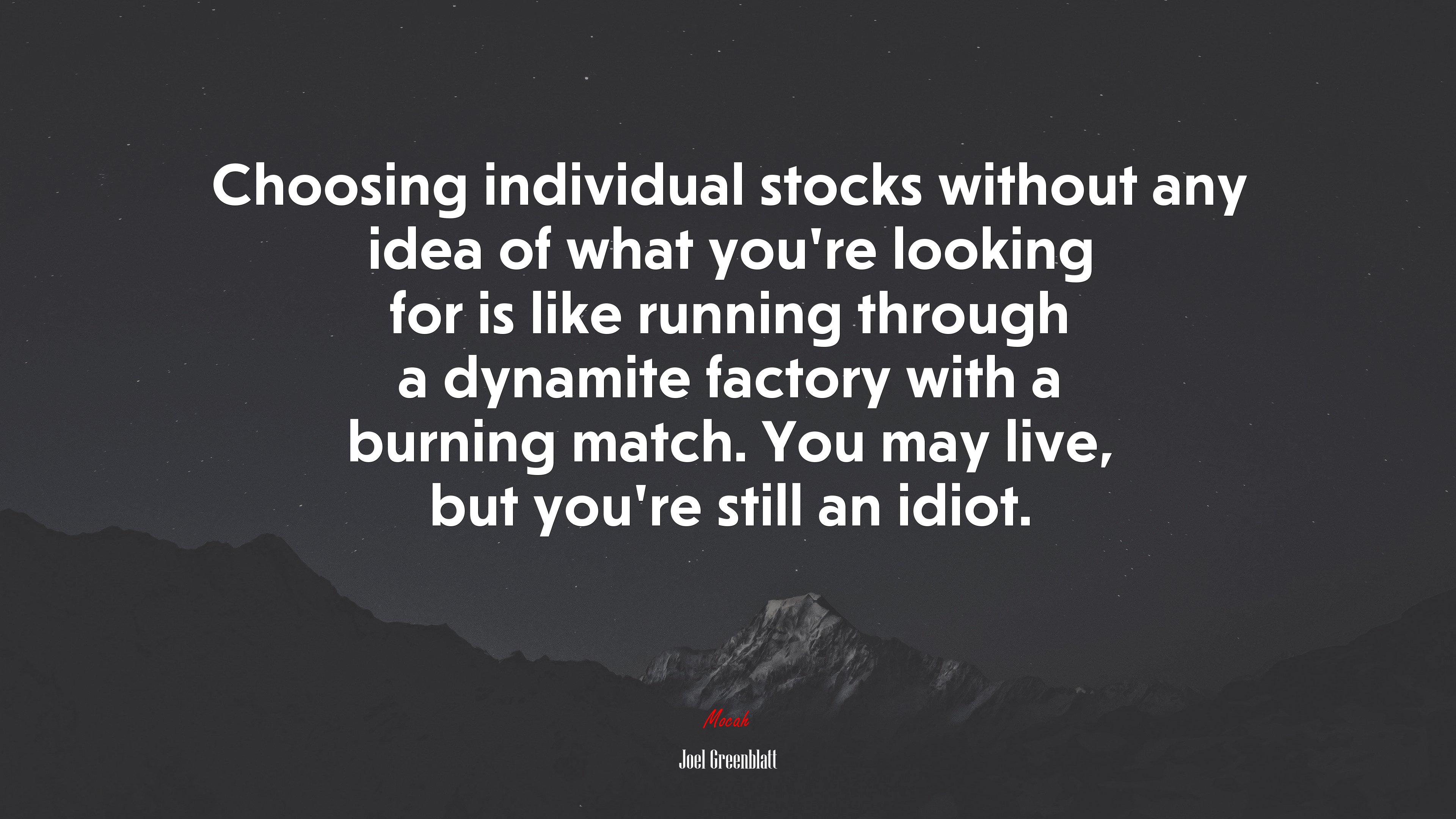 Choosing individual stocks without any idea of what you’re looking for is like running through a dynamite factory with a burning match. You may live, but you’re still an idiot. | Joel Greenblatt quote HD Wallpaper