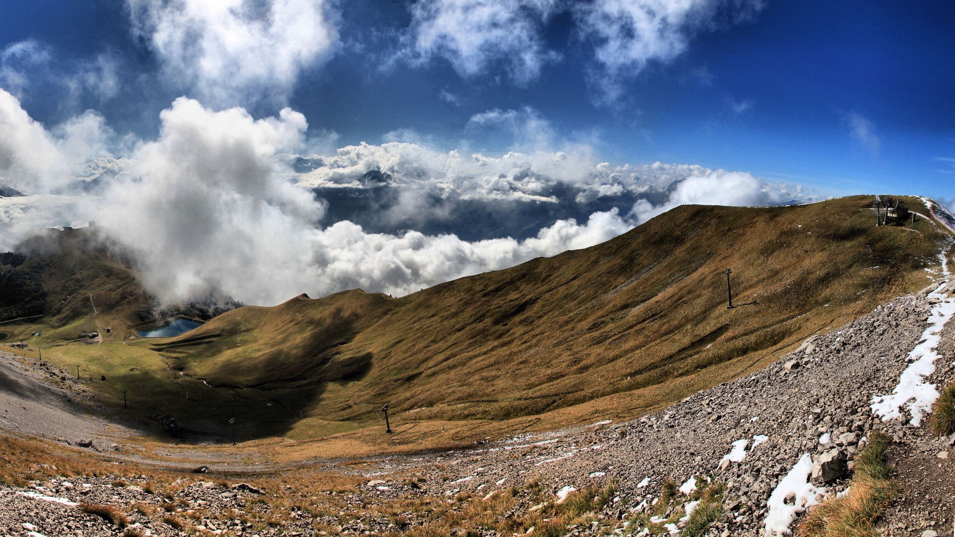 Mountain landscape with clouds and a lake HD Wallpaper