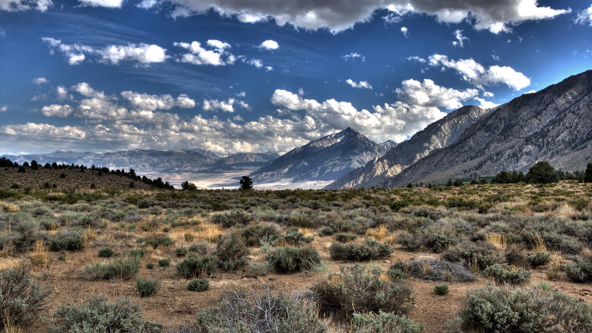 Mountain range with dry brush and dramatic clouds HD Wallpaper