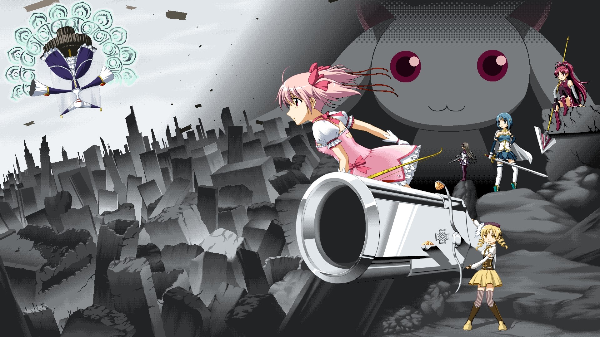 Magical Girls from Puella Magi Madoka Magica in a ruined city HD Wallpaper