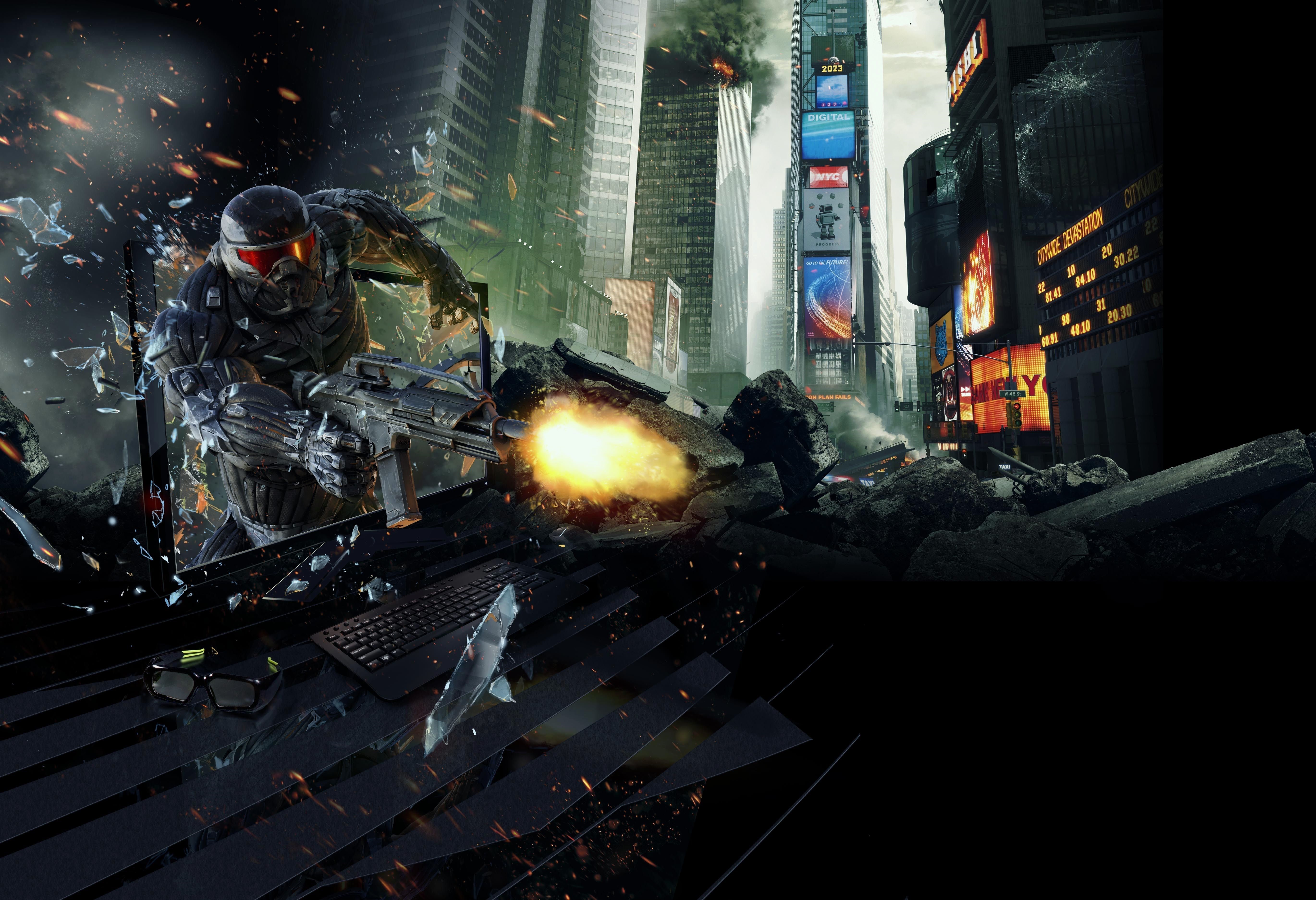 Soldier in Nanosuit firing weapon in destroyed city HD Wallpaper