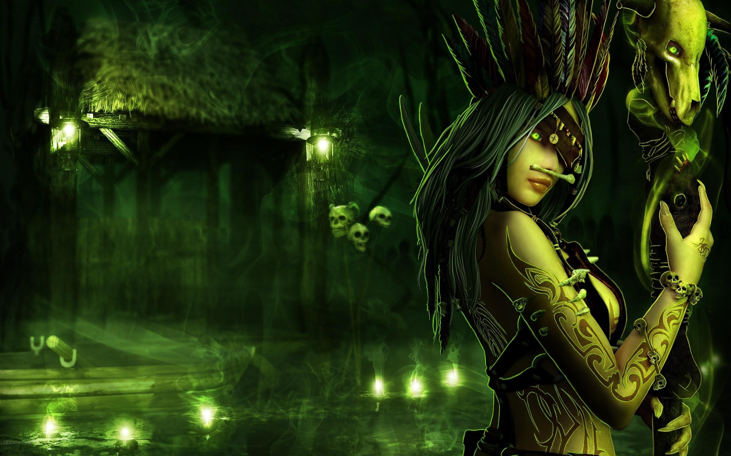 Shaman with a skull staff in a dark forest HD Wallpaper