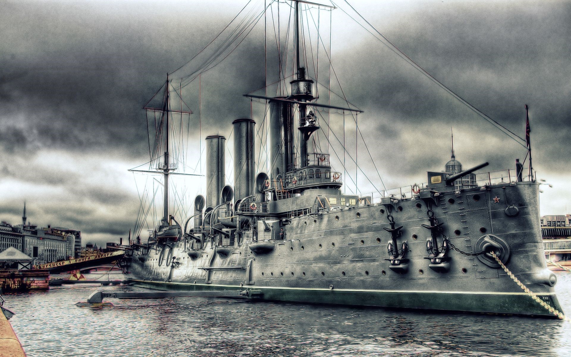 Aurora cruiser ship docked in a harbor HD Wallpaper