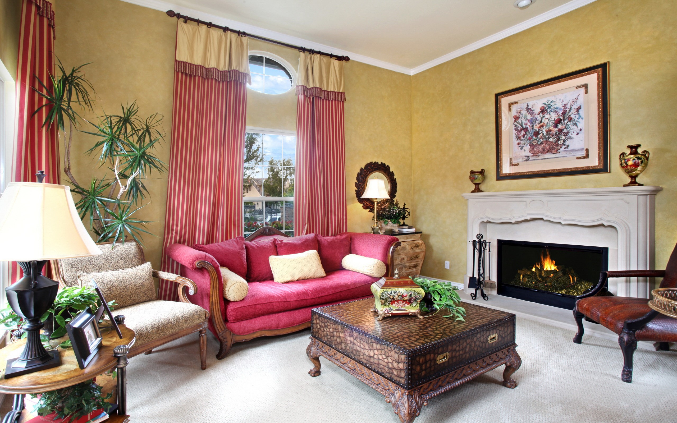 Living room with fireplace and red sofa HD Wallpaper