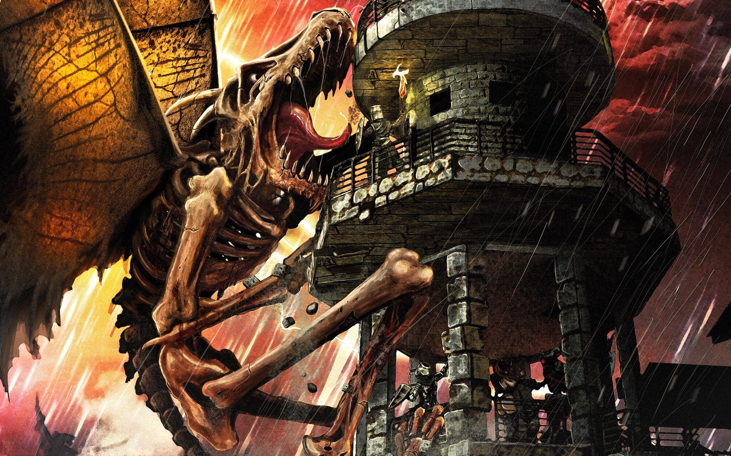 Skeletal Dragon attacking a stone tower in the rain HD Wallpaper
