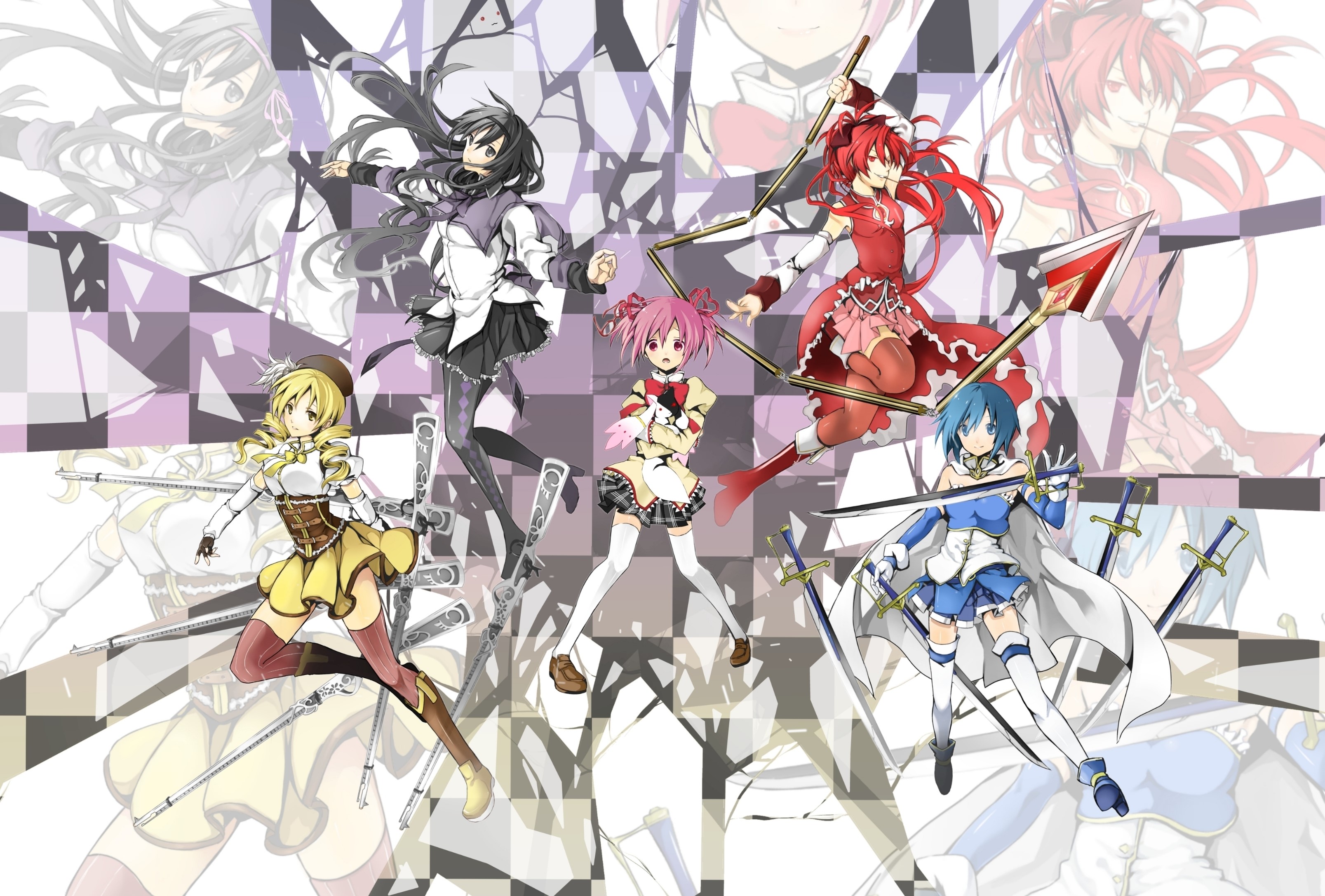 Mahou Shoujo Madoka Magica characters with weapons HD Wallpaper