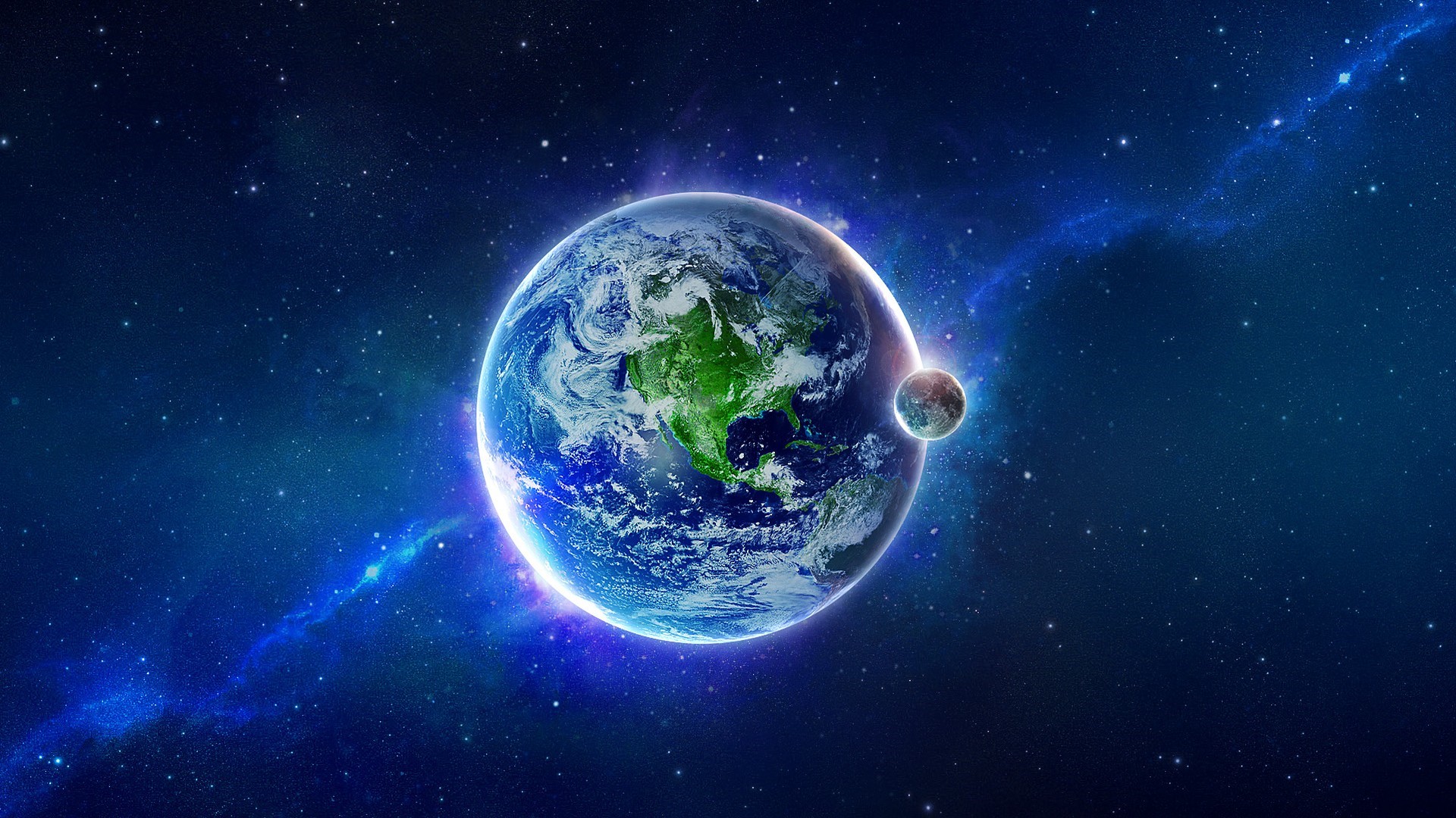 Earth and Moon in Space with Nebula HD Wallpaper