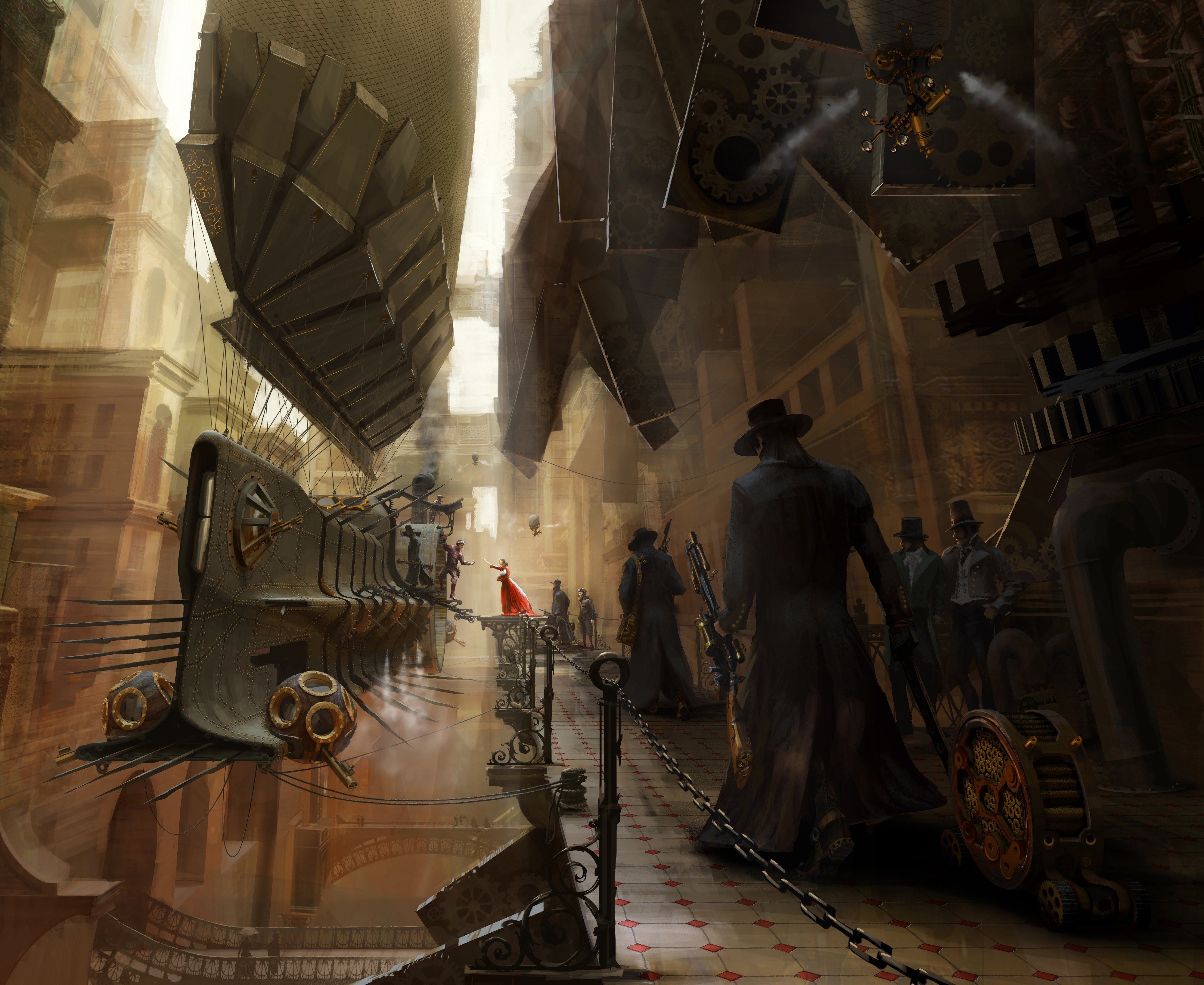 Steampunk city with airships and people HD Wallpaper
